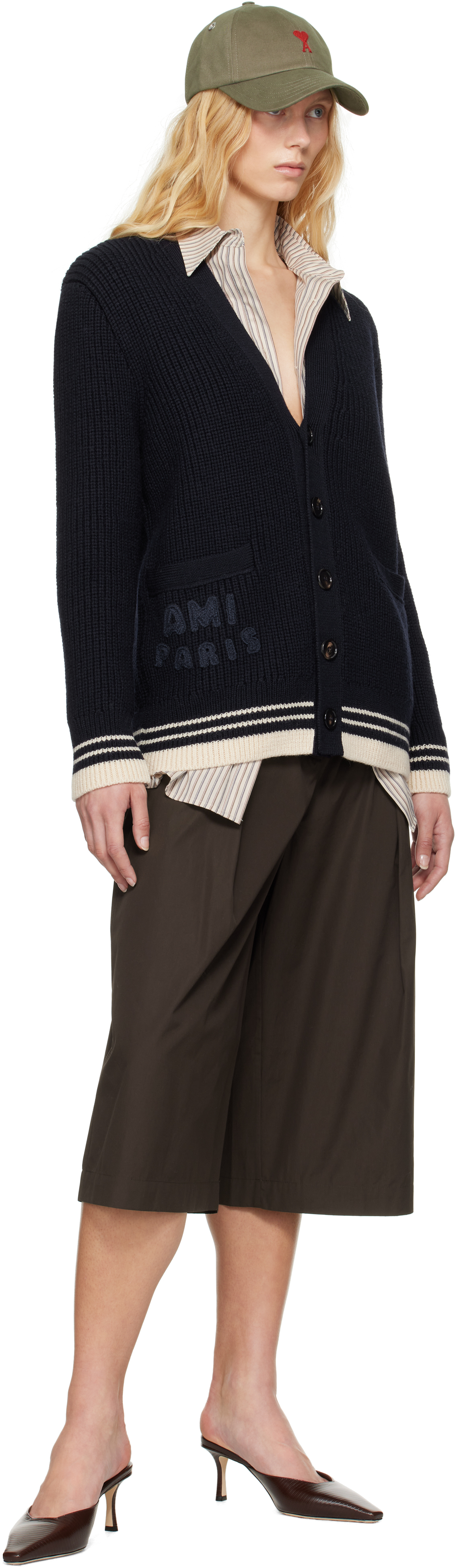 AMI ALEXANDRE MATTIUSSI NAVY WOOL RIBBED CARDIGAN