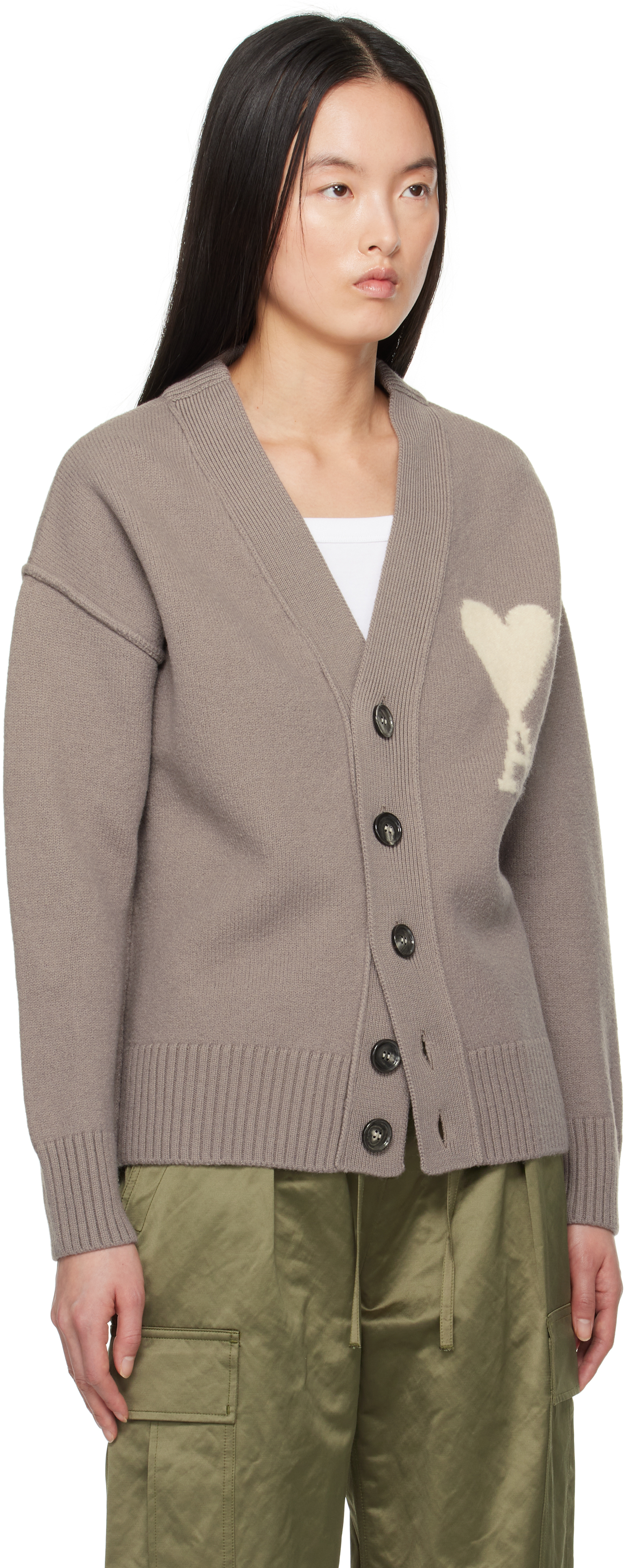 Ami Alexandre Mattiussi Adc Intarsia Wool Cardigan In Ash/offwhite