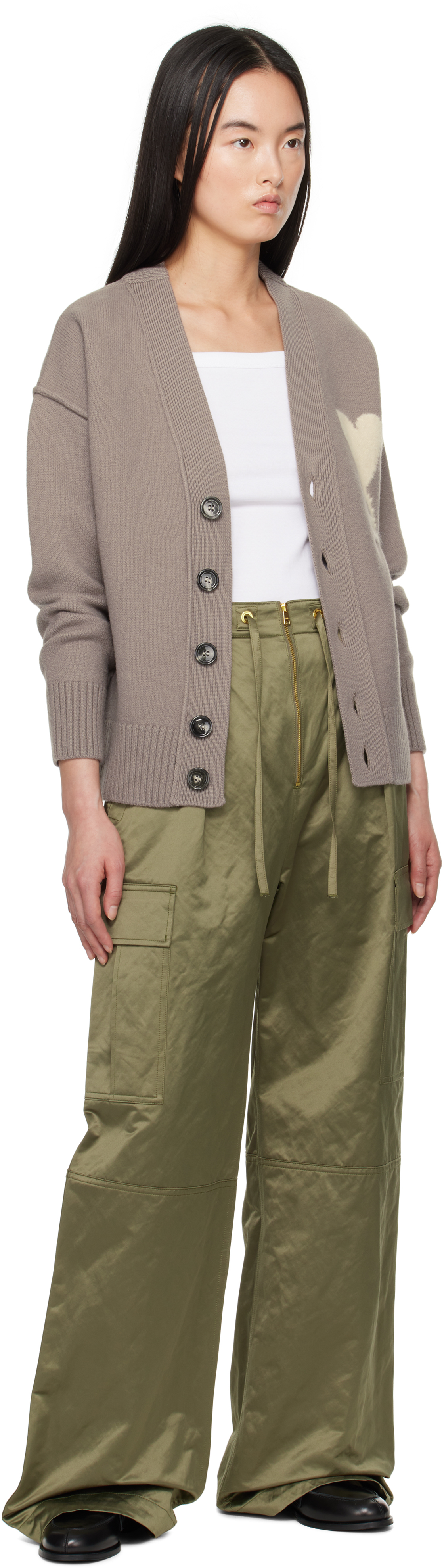 Ami Alexandre Mattiussi Adc Intarsia Wool Cardigan In Ash/offwhite