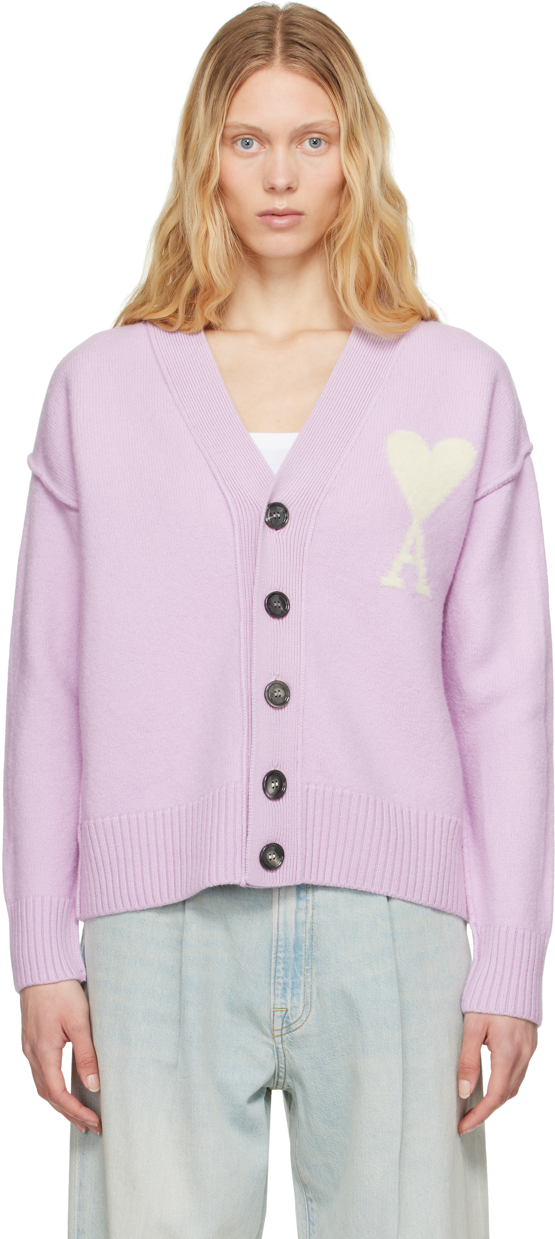 Shop Ami Alexandre Mattiussi Purple Wool Ami De Coeur Cardigan In Lila/ecru/505