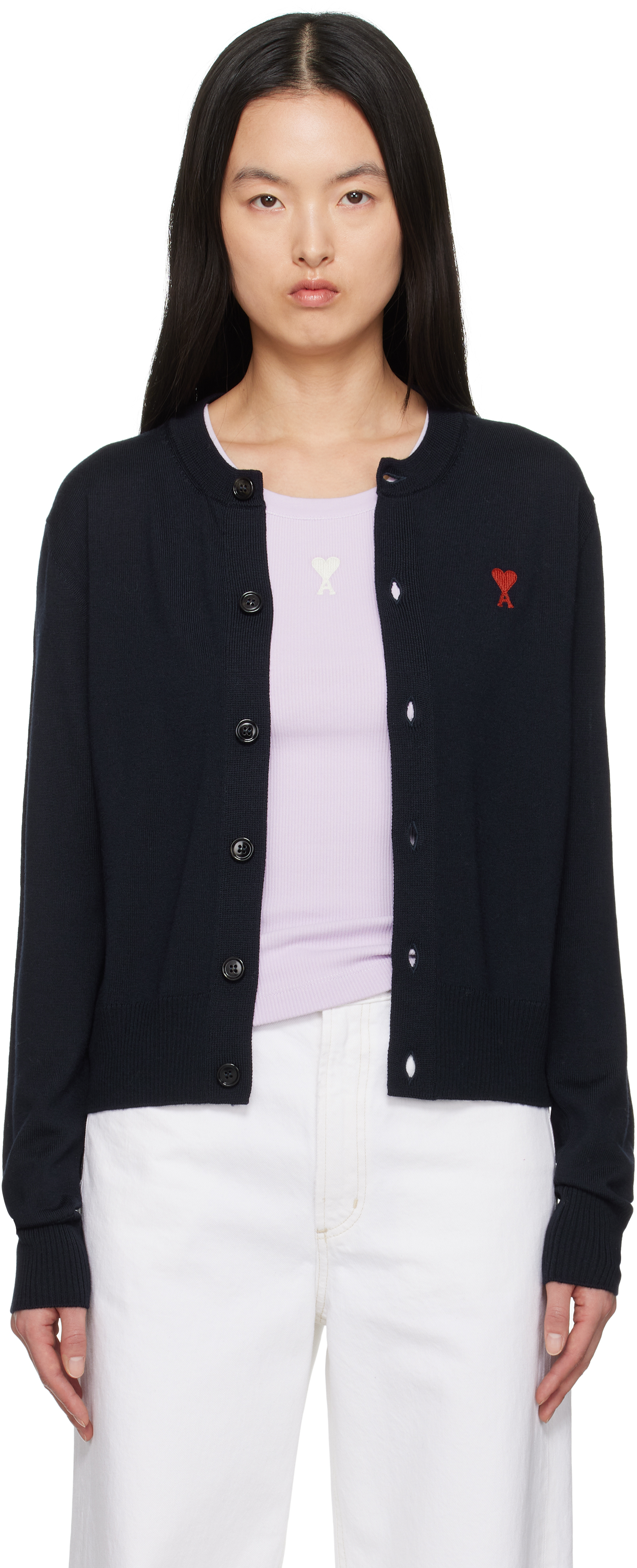 Shop Ami Alexandre Mattiussi Navy Wool Ami De Coeur Cardigan In Night Blue/430