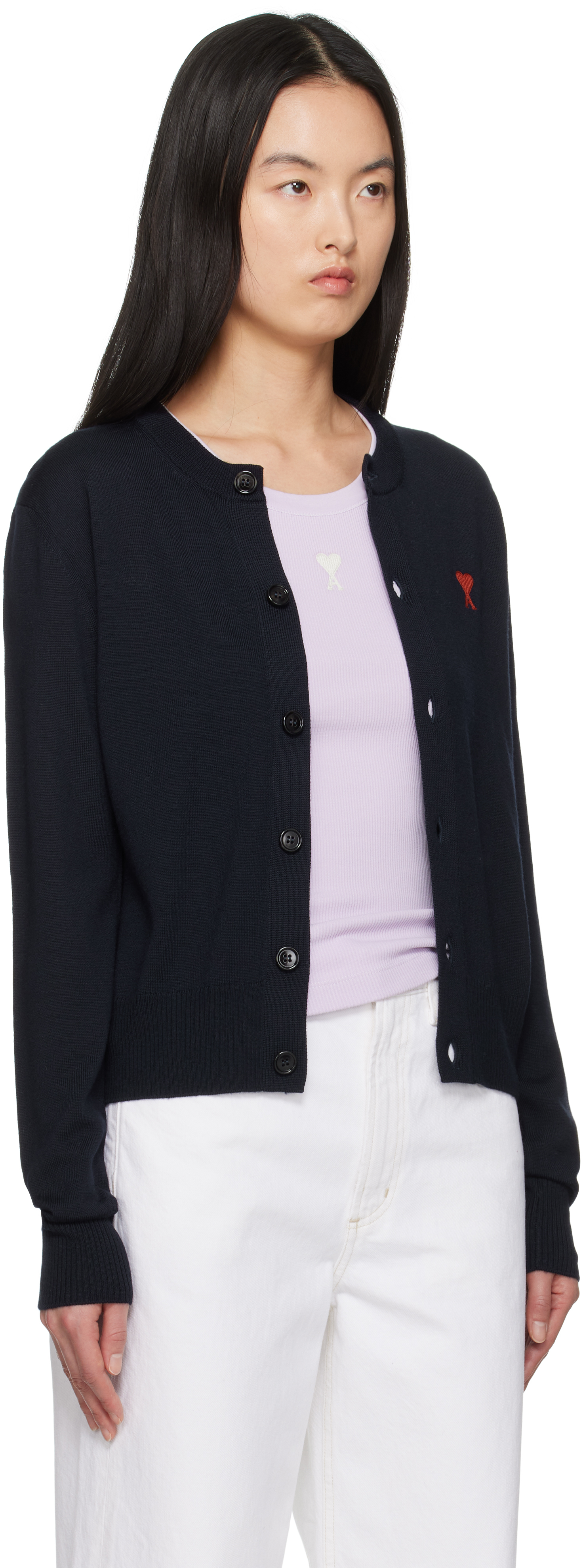 Shop Ami Alexandre Mattiussi Navy Wool Ami De Coeur Cardigan In Night Blue/430