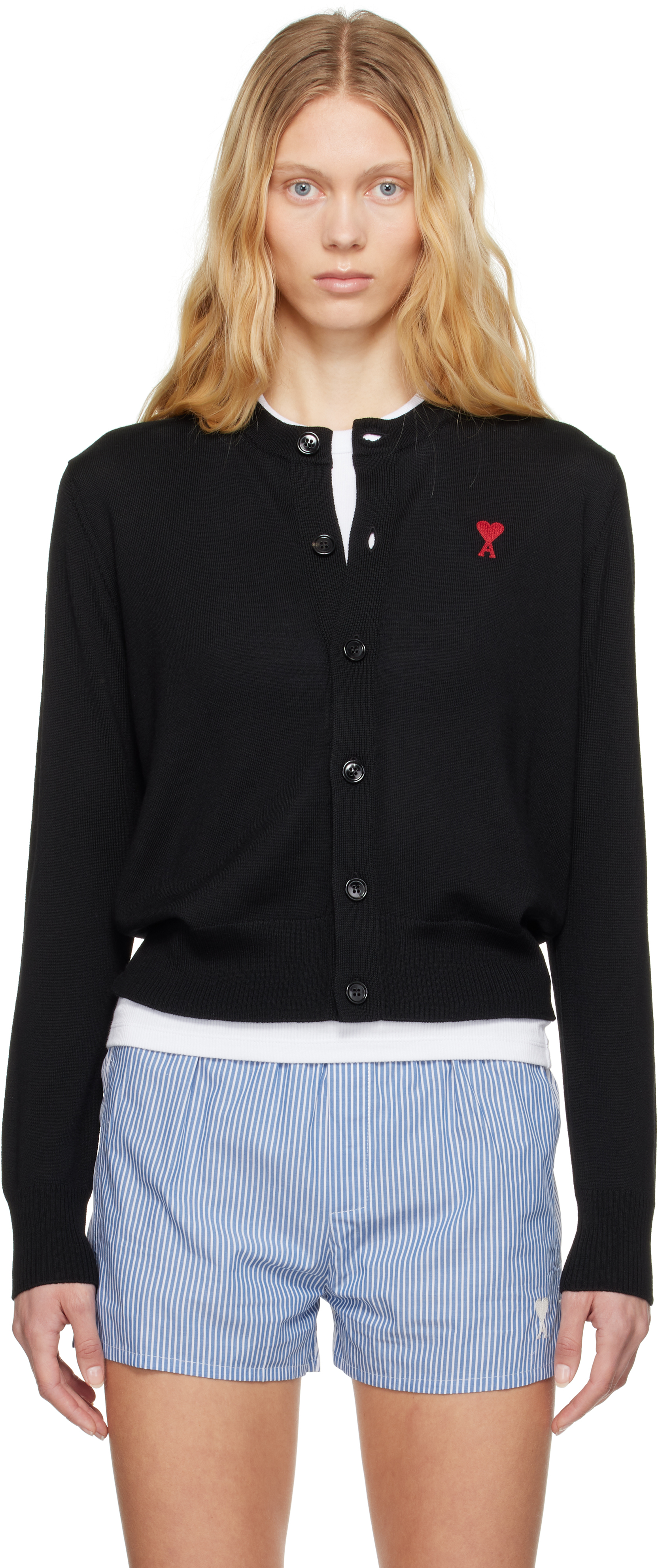AMI Paris: ブラック Ami de Coeur ウール カーディガン AMI Paris: ブラック Ami de Coeur ウール カーディガン