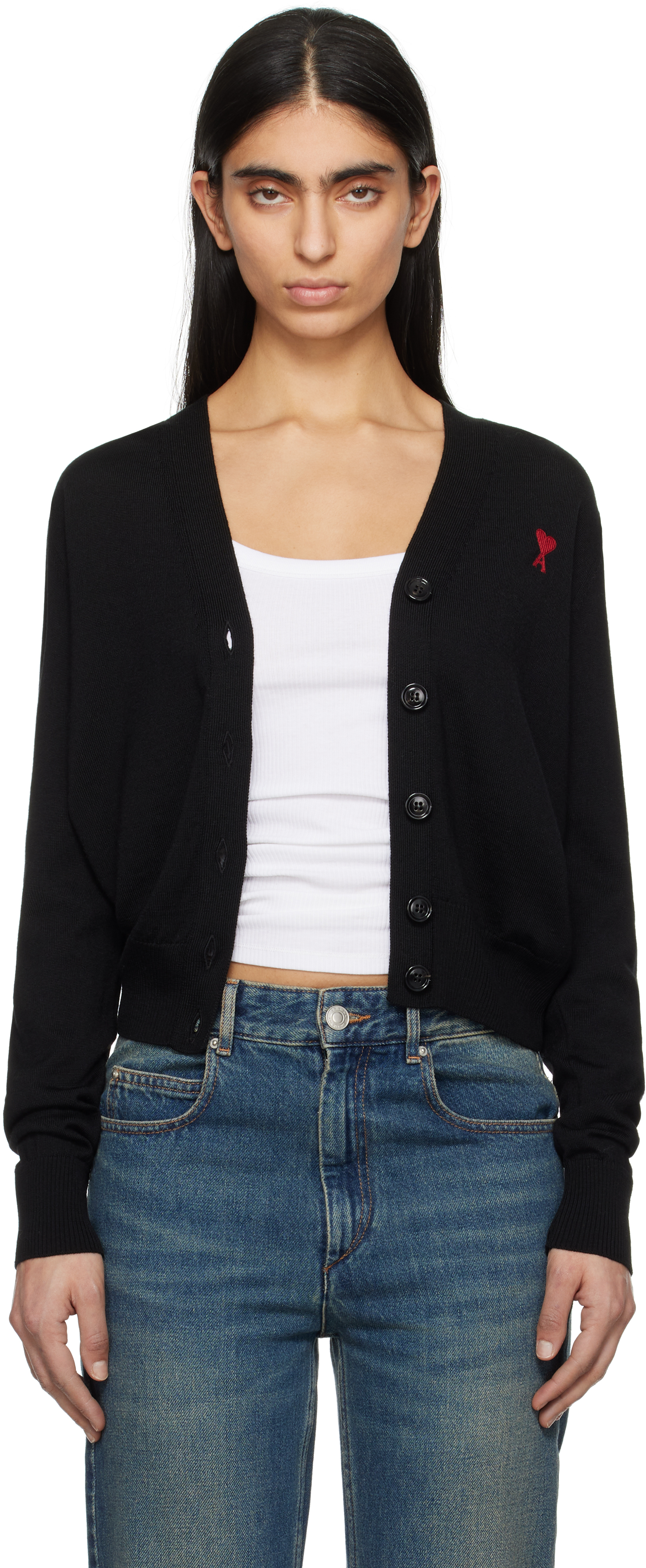 AMI ALEXANDRE MATTIUSSI BLACK WOOL AMI DE COEUR CARDIGAN