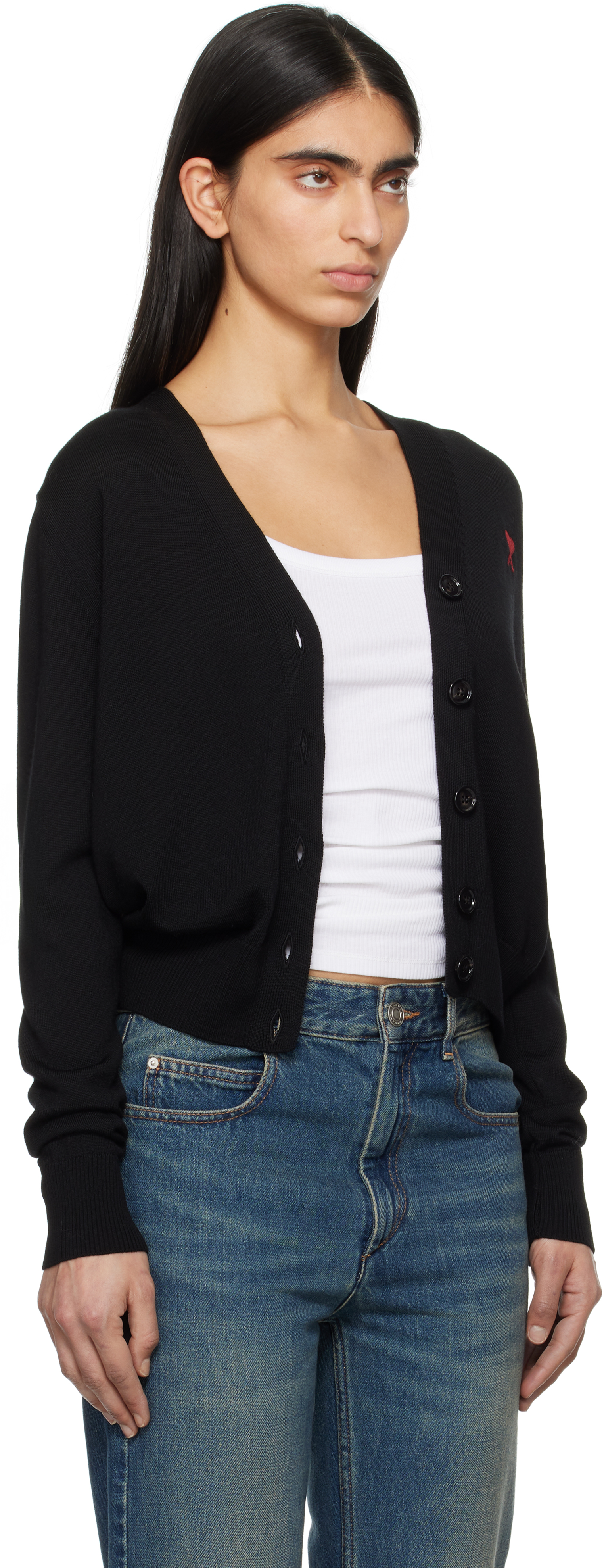 AMI ALEXANDRE MATTIUSSI BLACK WOOL AMI DE COEUR CARDIGAN