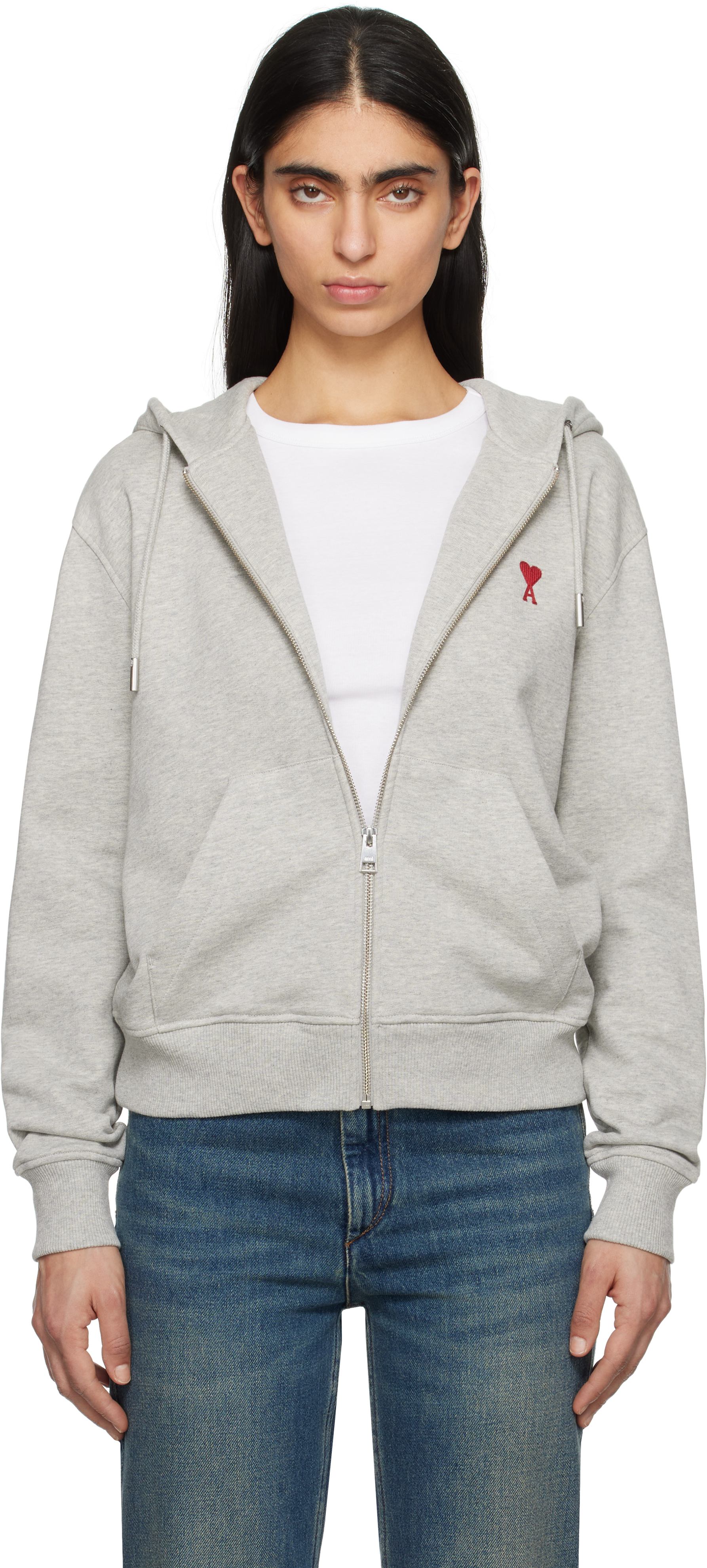 Gray Cotton Ami de Coeur Zipped Hoodie