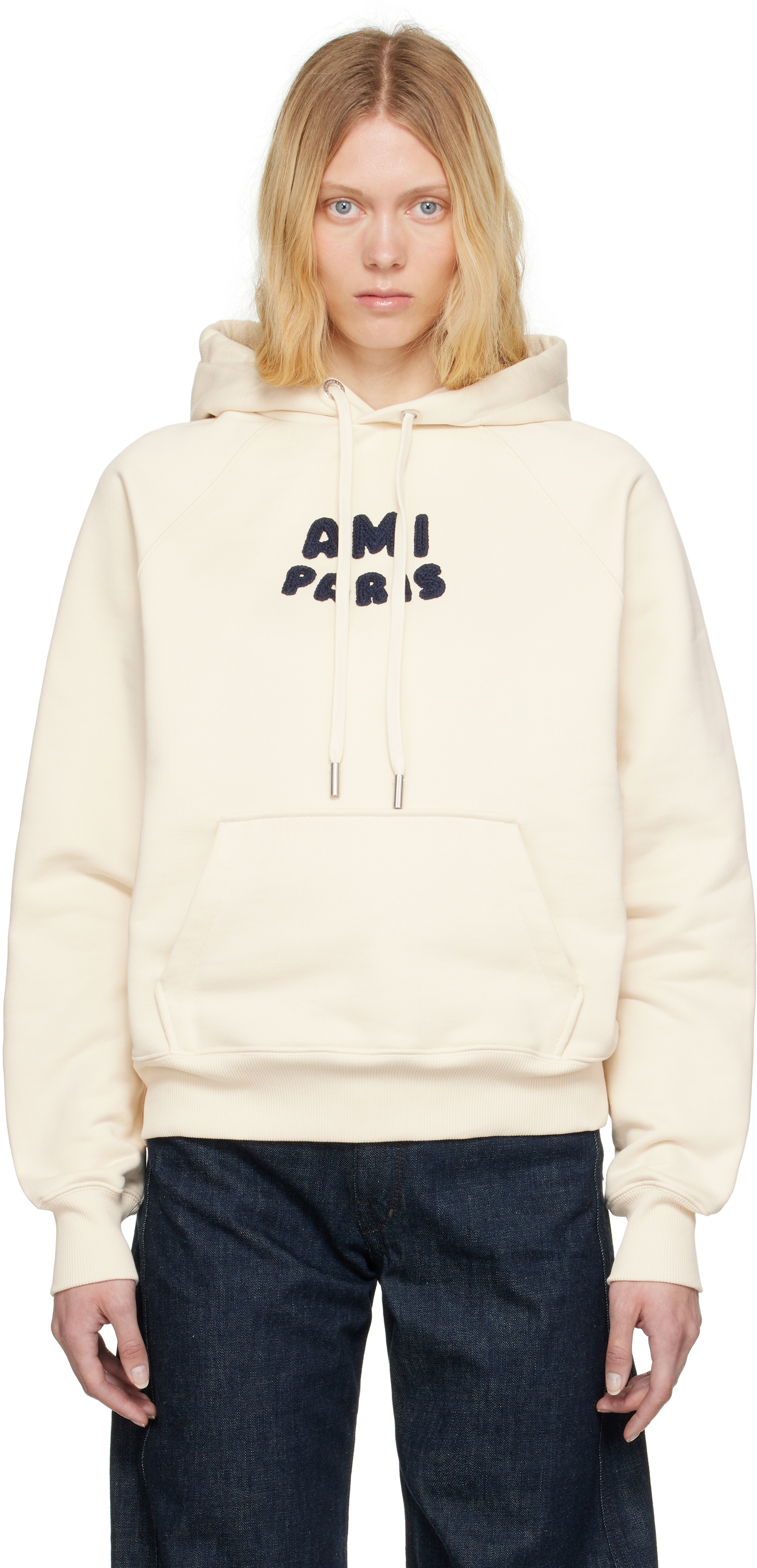 Off-White Cotton 'Ami Paris' Patch Hoodie by AMI Paris on Sale