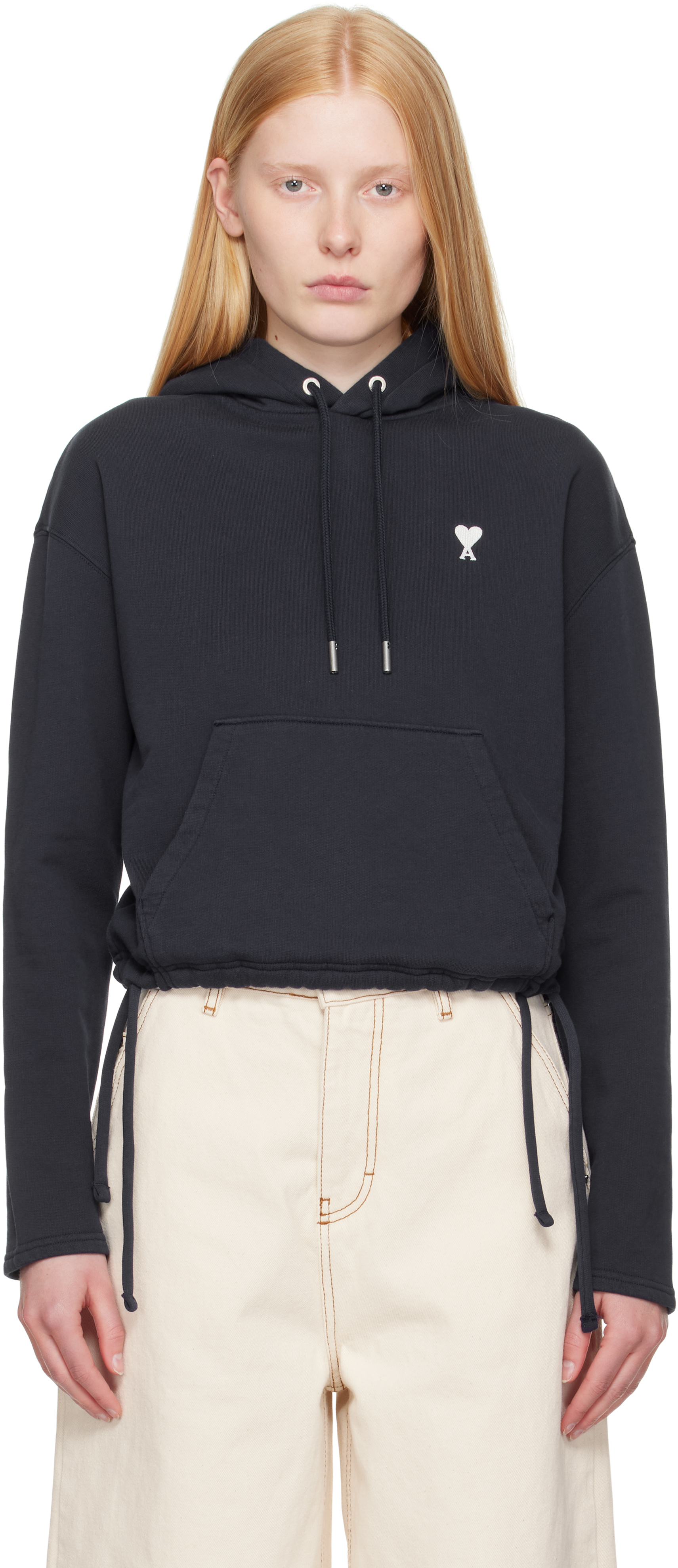 Navy Cotton Ami de Coeur Hoodie by AMI Paris on Sale