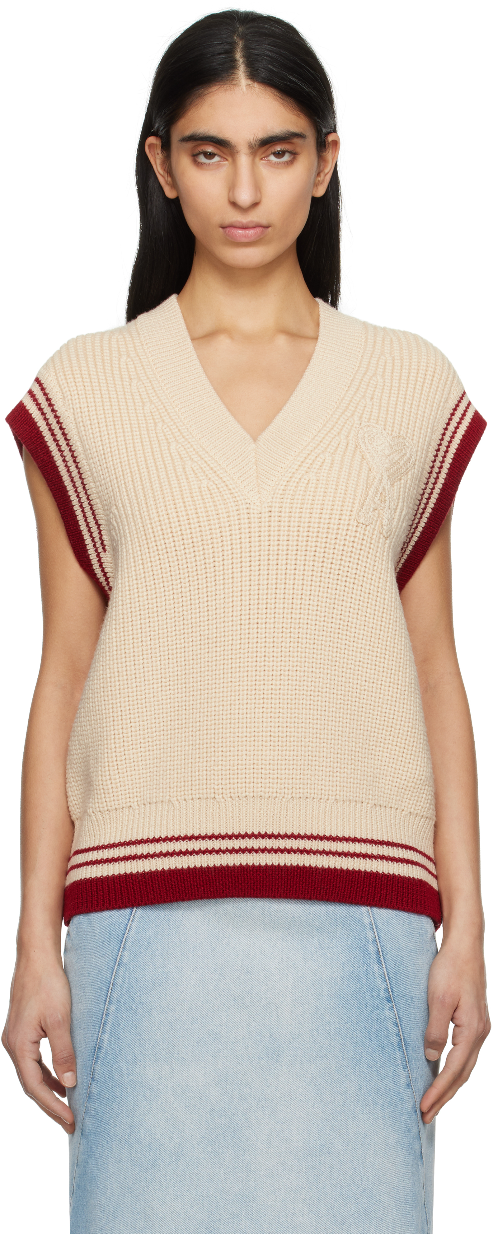 Navy Wool Ribbed Sleeveless V Neck Vest