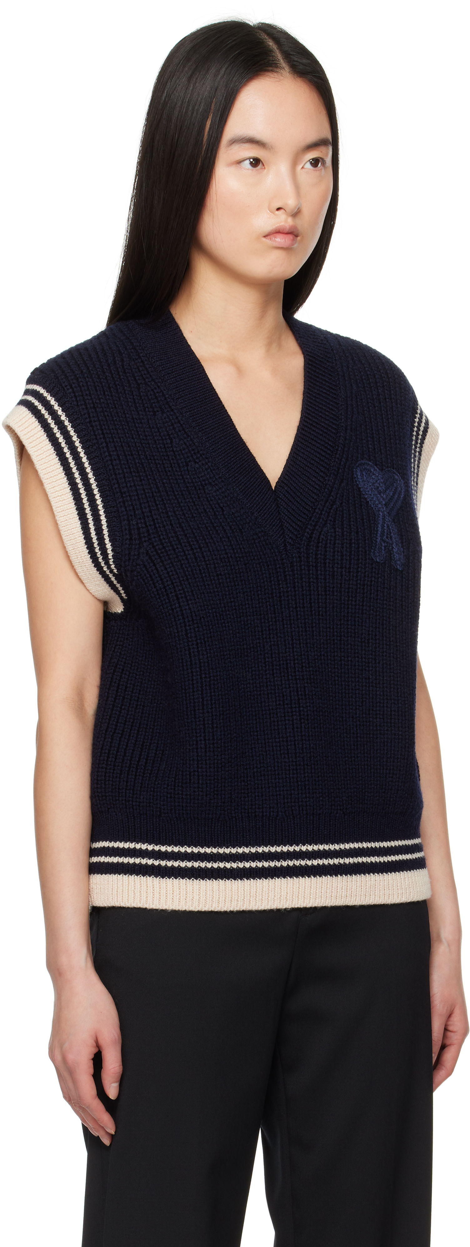 Ami Alexandre Mattiussi Navy Wool Ribbed Sleeveless V Neck Vest In Navy Blue/4011