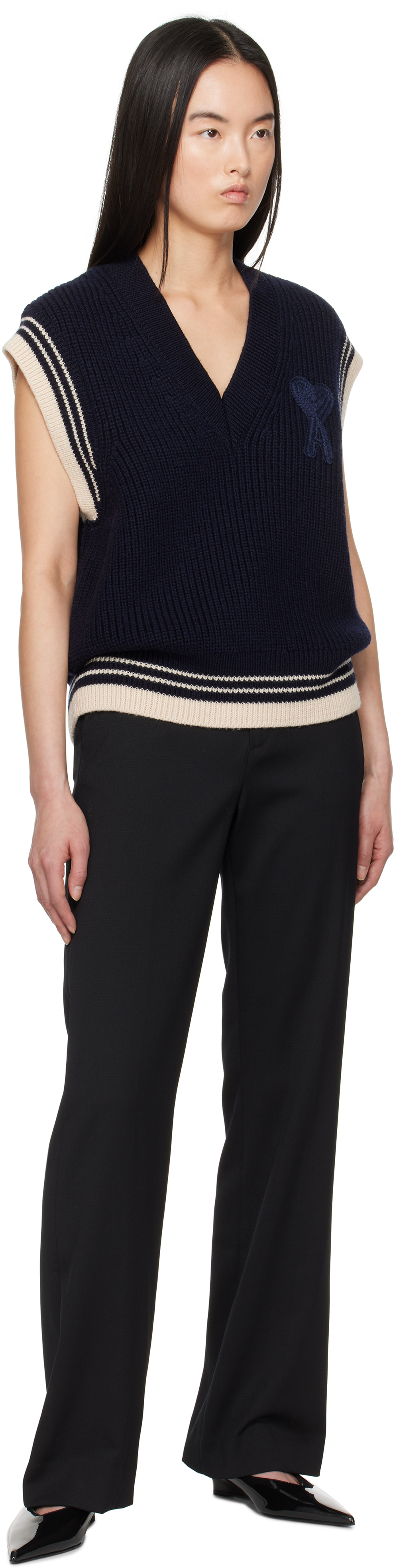 Ami Alexandre Mattiussi Navy Wool Ribbed Sleeveless V Neck Vest In Navy Blue/4011