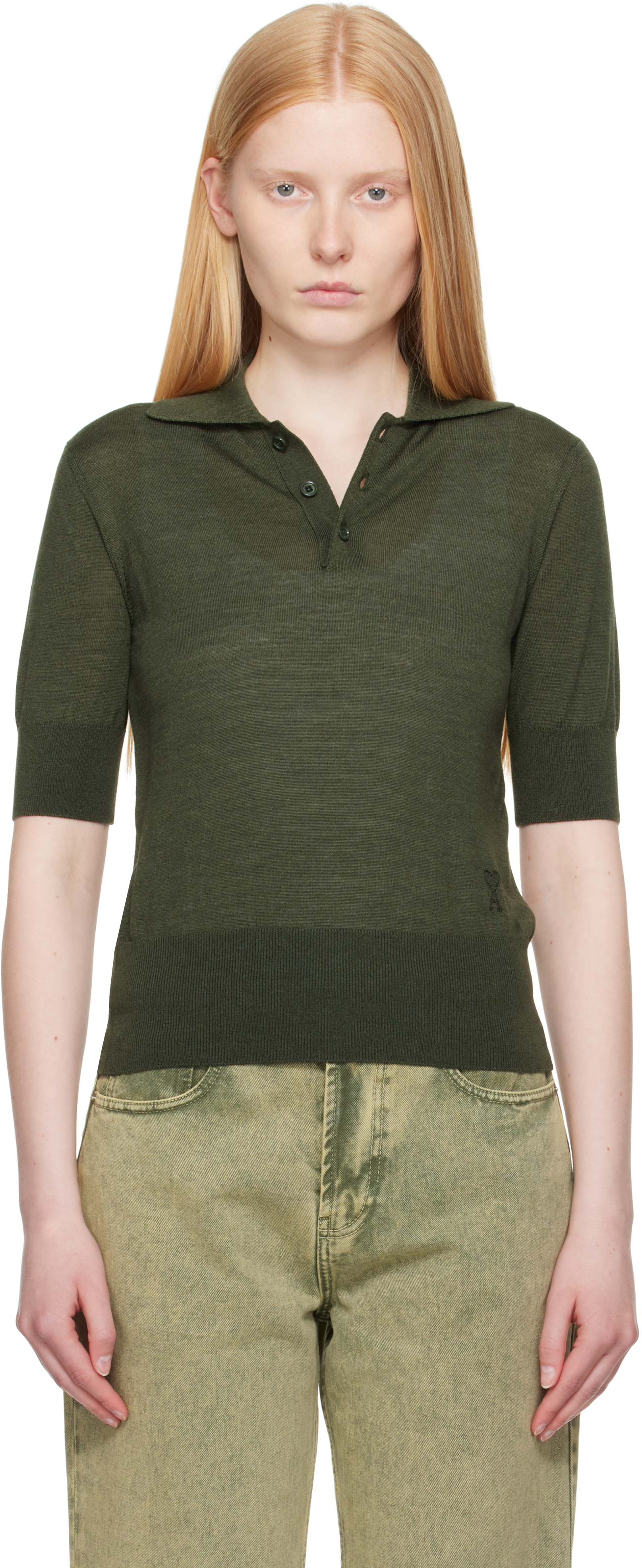 AMI ALEXANDRE MATTIUSSI KHAKI WOOL TONAL AMI DE COEUR POLO