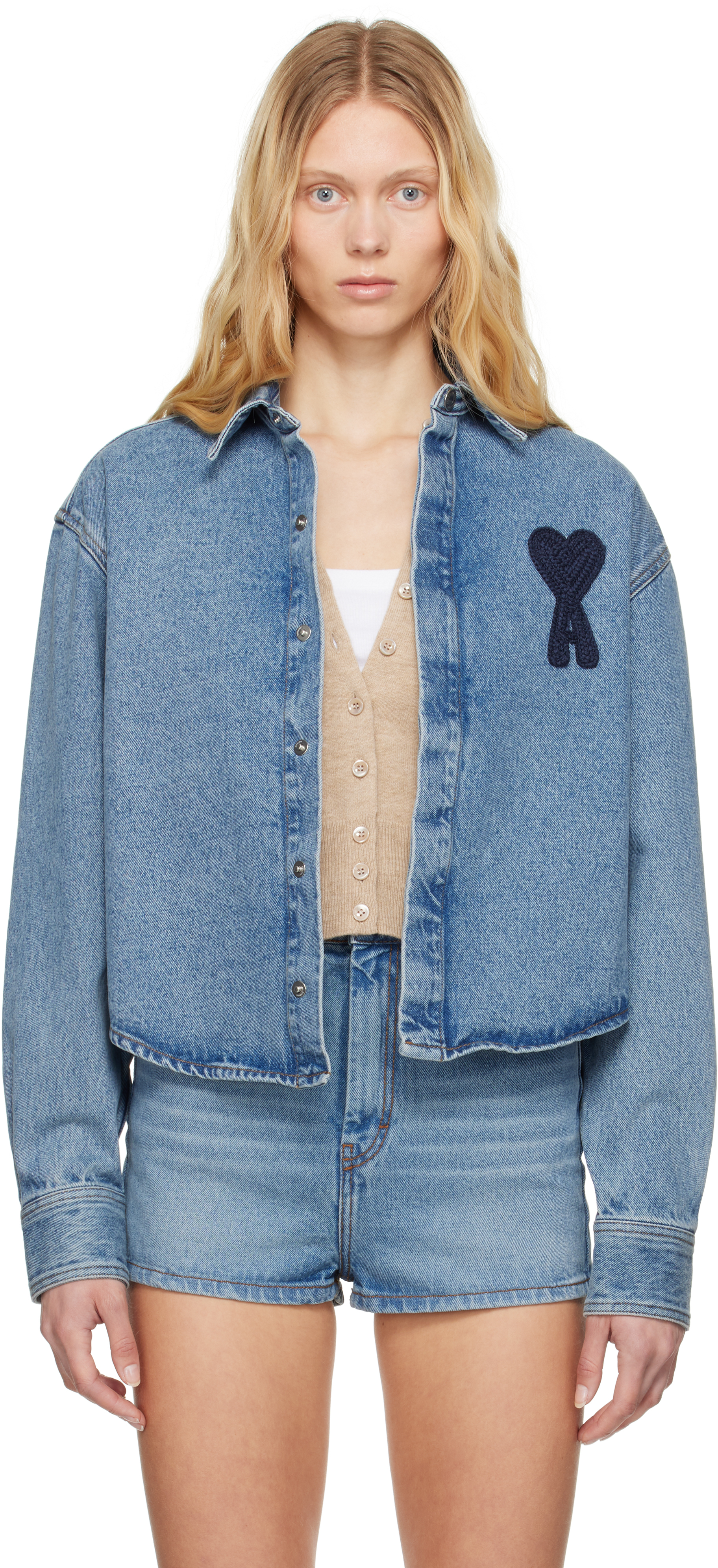 Blue Cotton Ami de Coeur Cropped Denim Shirt