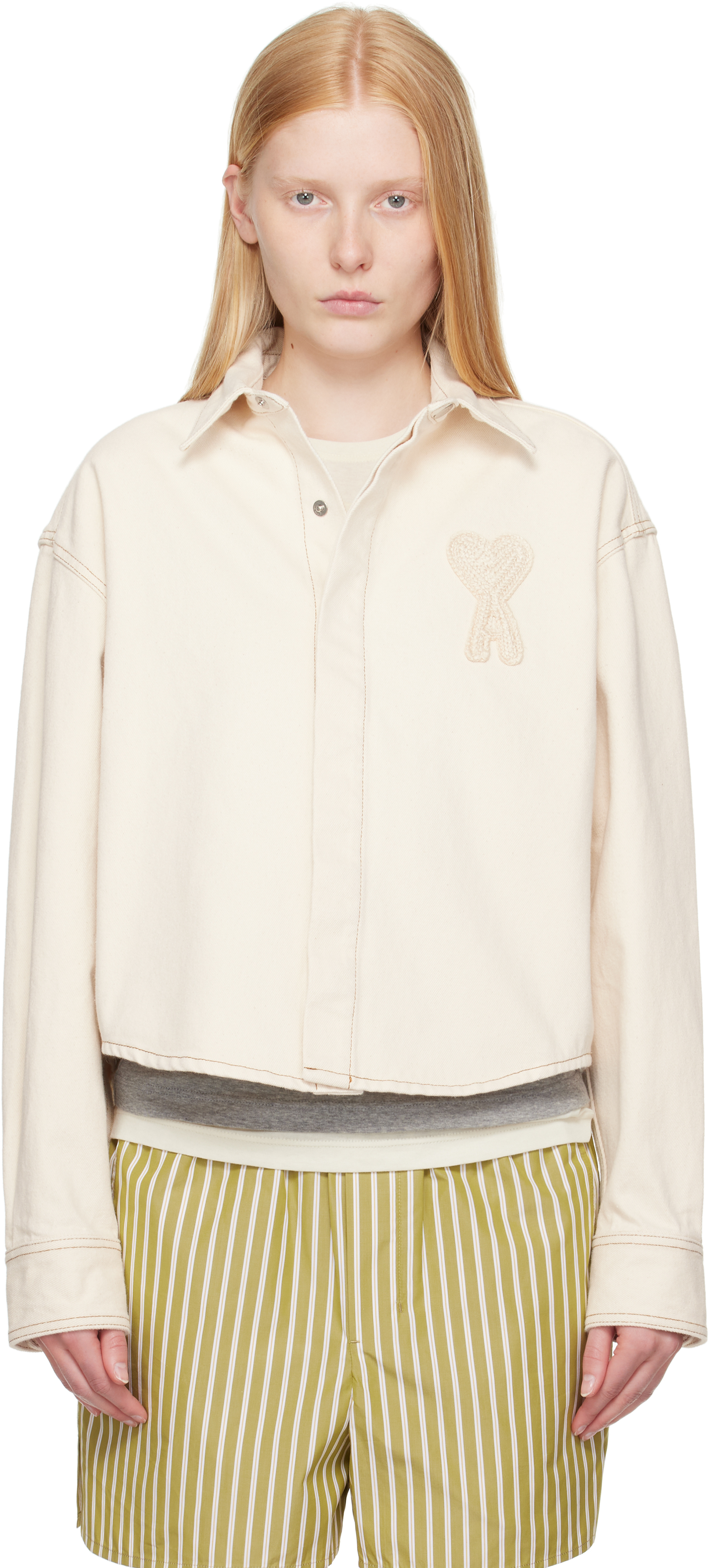 Beige Cotton Ami de Coeur Cropped Denim Shirt