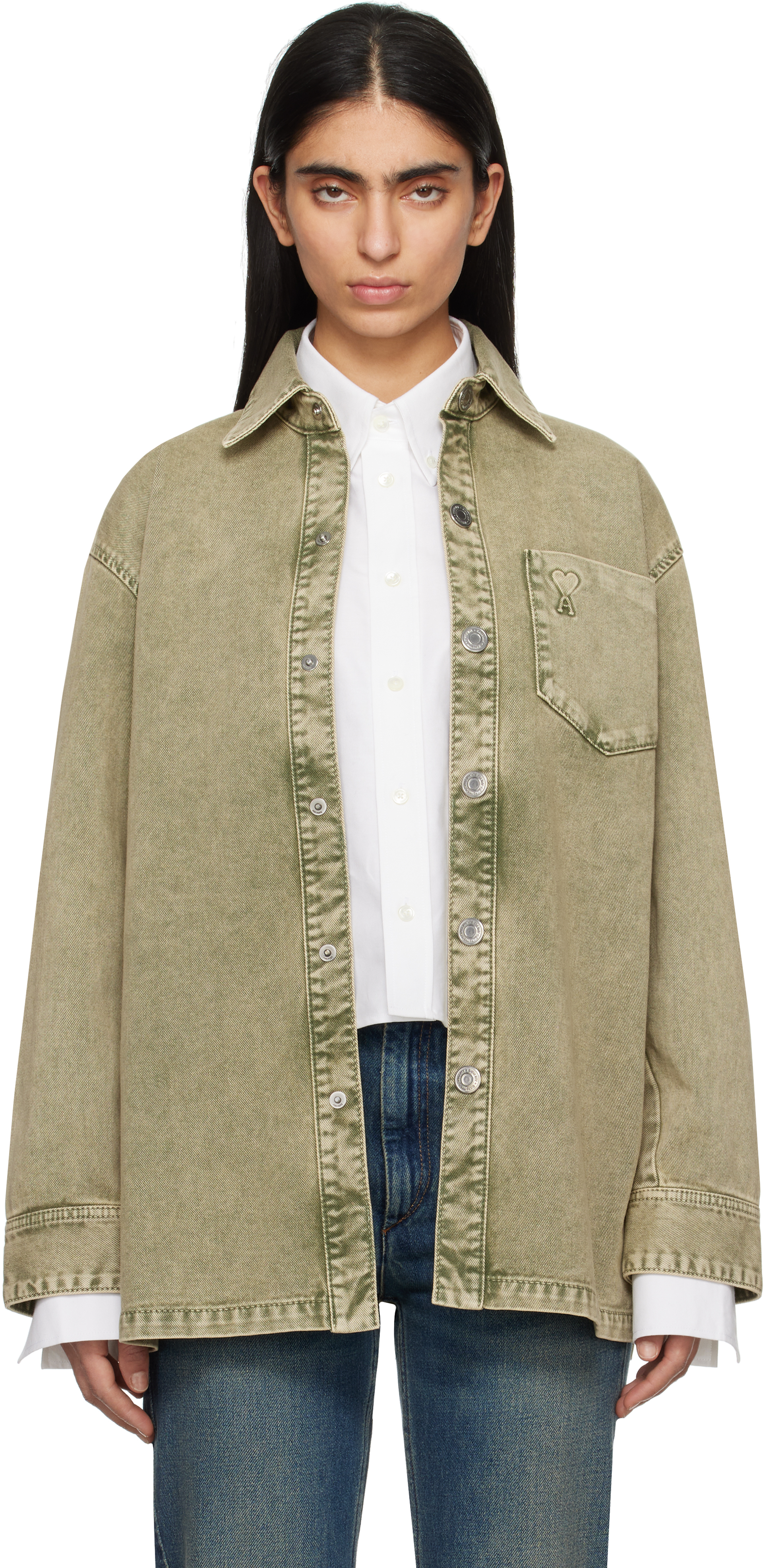 Tシャツ・カットソー AMI PARIS Army green denim oversize shirt LODEN Ami de Coeur T-shirt | AMI PARIS