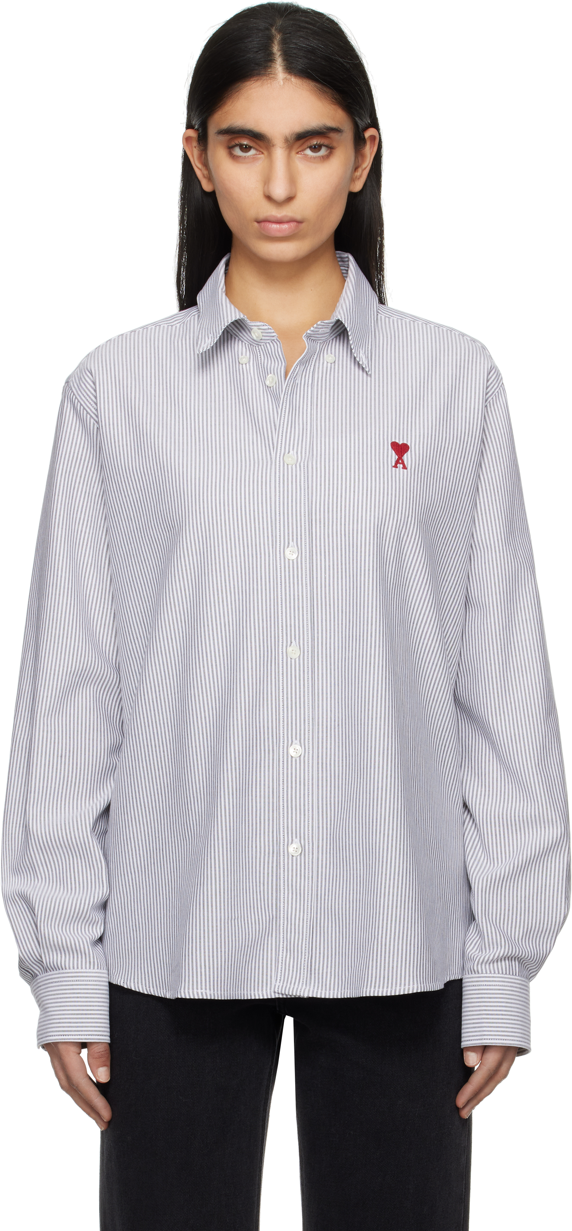 シャツ AMI PARIS AMI DE COEUR SHIRT IN STRIPED OXFORD COTTON Gray & White Cotton Button-Down Ami de Coeur Shirt by AMI