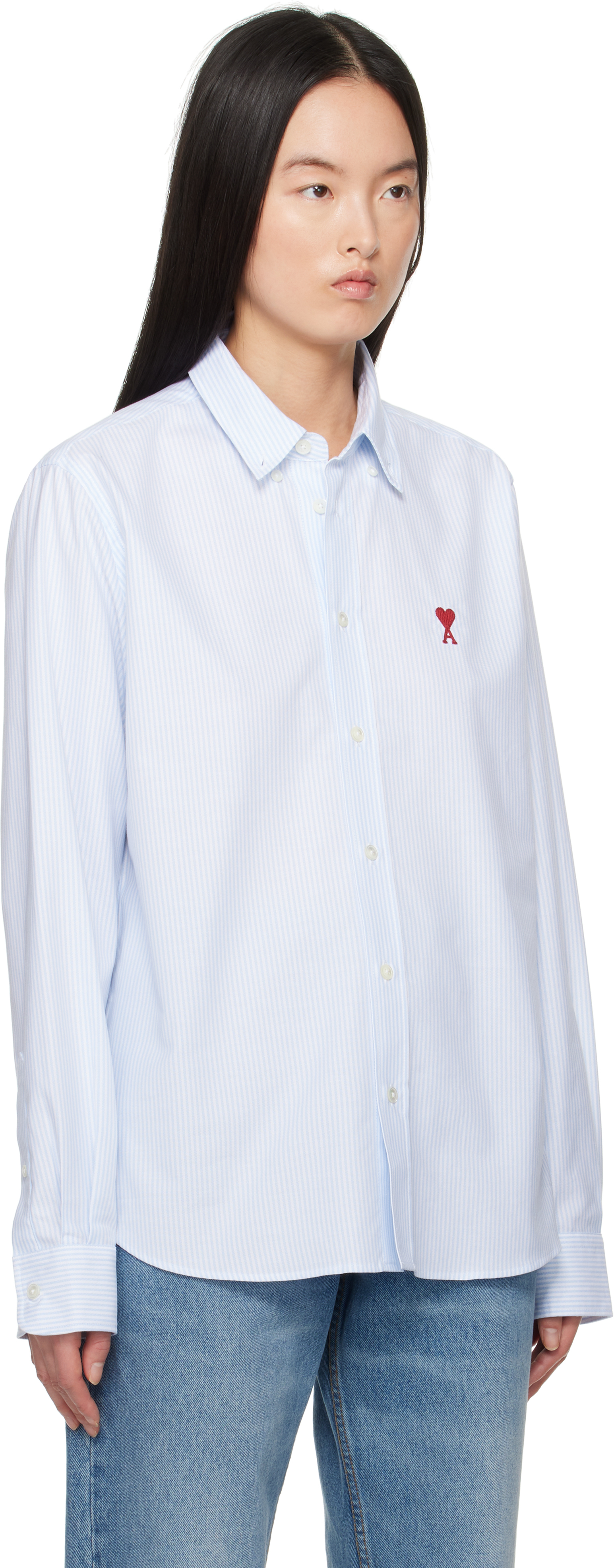 Ami Alexandre Mattiussi Blue & White Cotton Button-down Ami De Coeur Shirt In Sky Blue/natural Whi