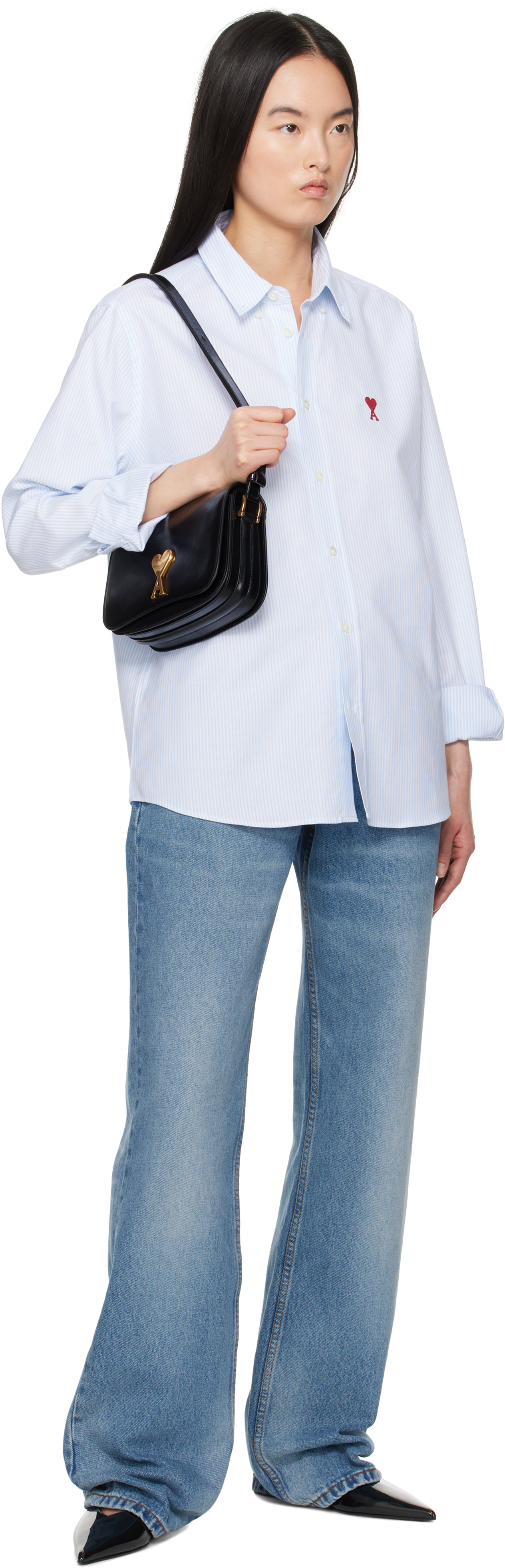 Ami Alexandre Mattiussi Blue & White Cotton Button-down Ami De Coeur Shirt In Sky Blue/natural Whi