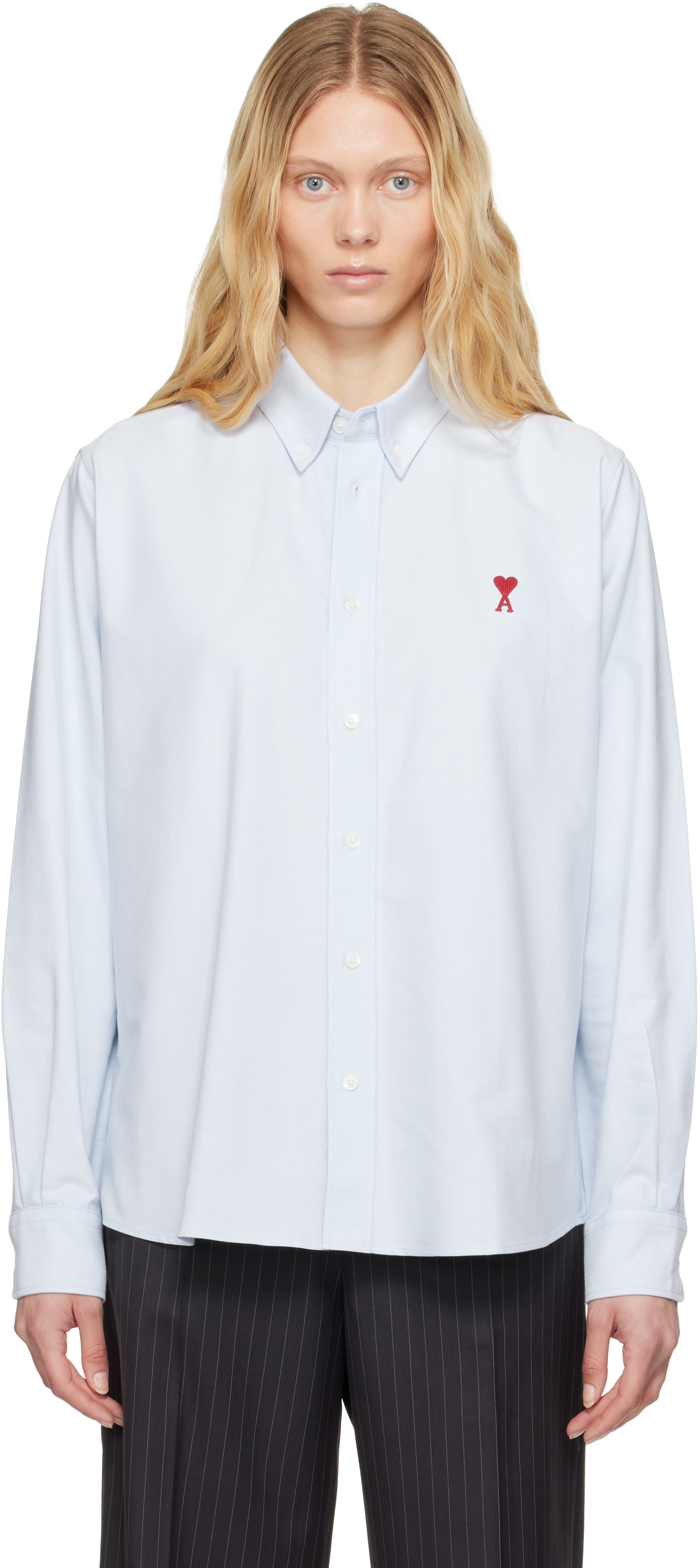 AMI Paris: Blue Cotton Button-Down Ami de Coeur Shirt | SSENSE