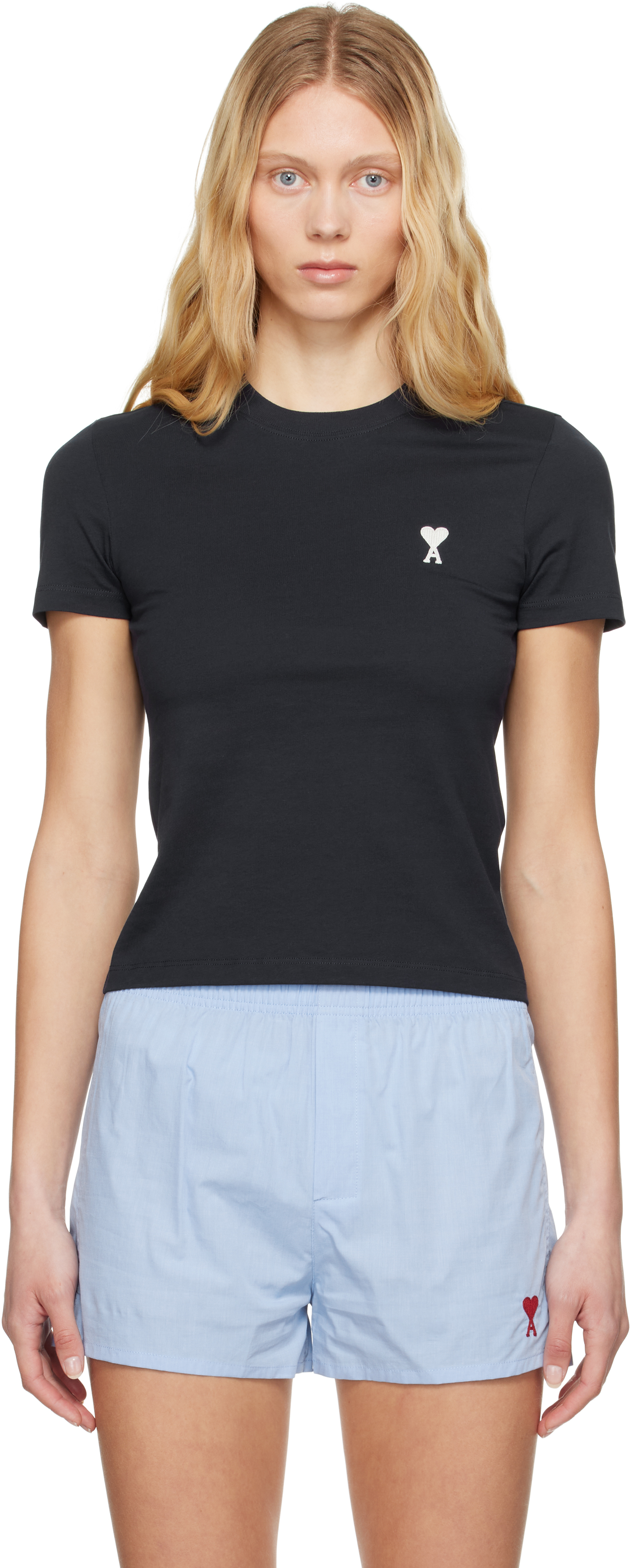 AMI Paris: ネイビー コットン クロップド Tシャツ | SSENSE 日本