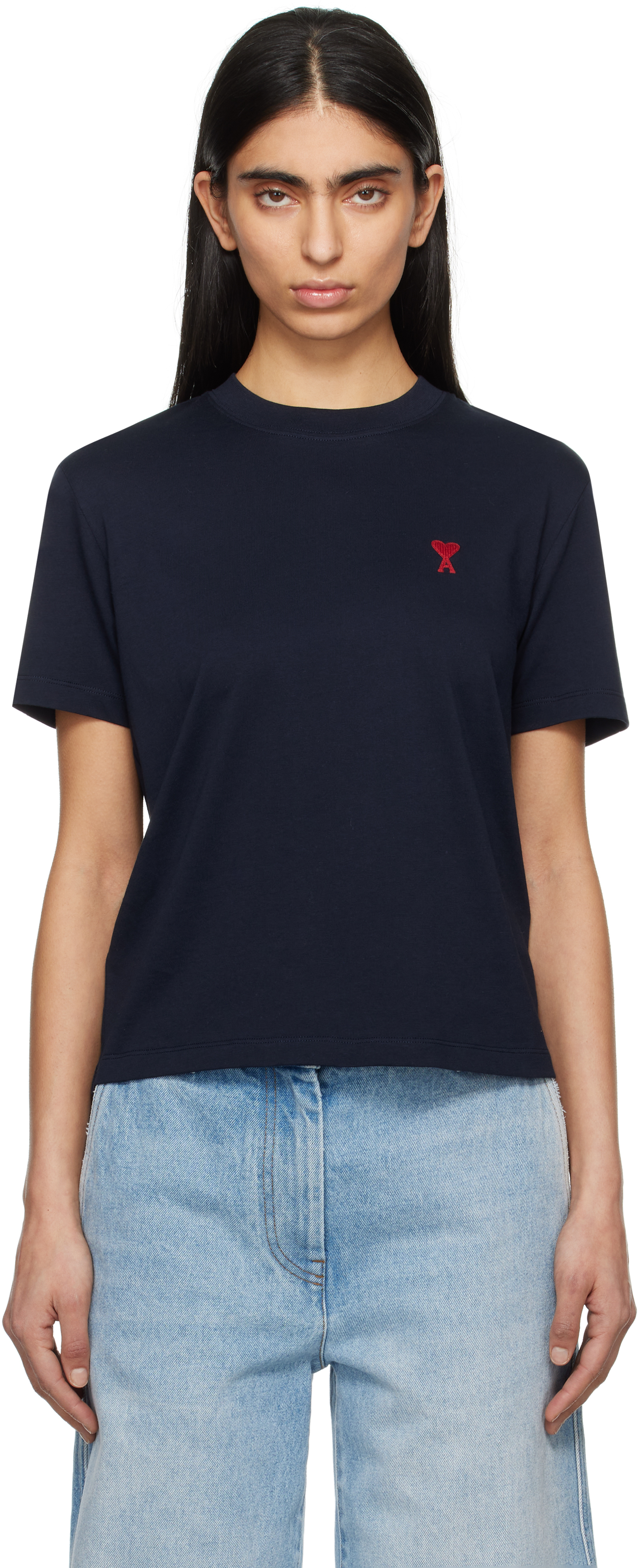 AMI Paris: ネイビー Ami de Coeur コットン Tシャツ | SSENSE 日本