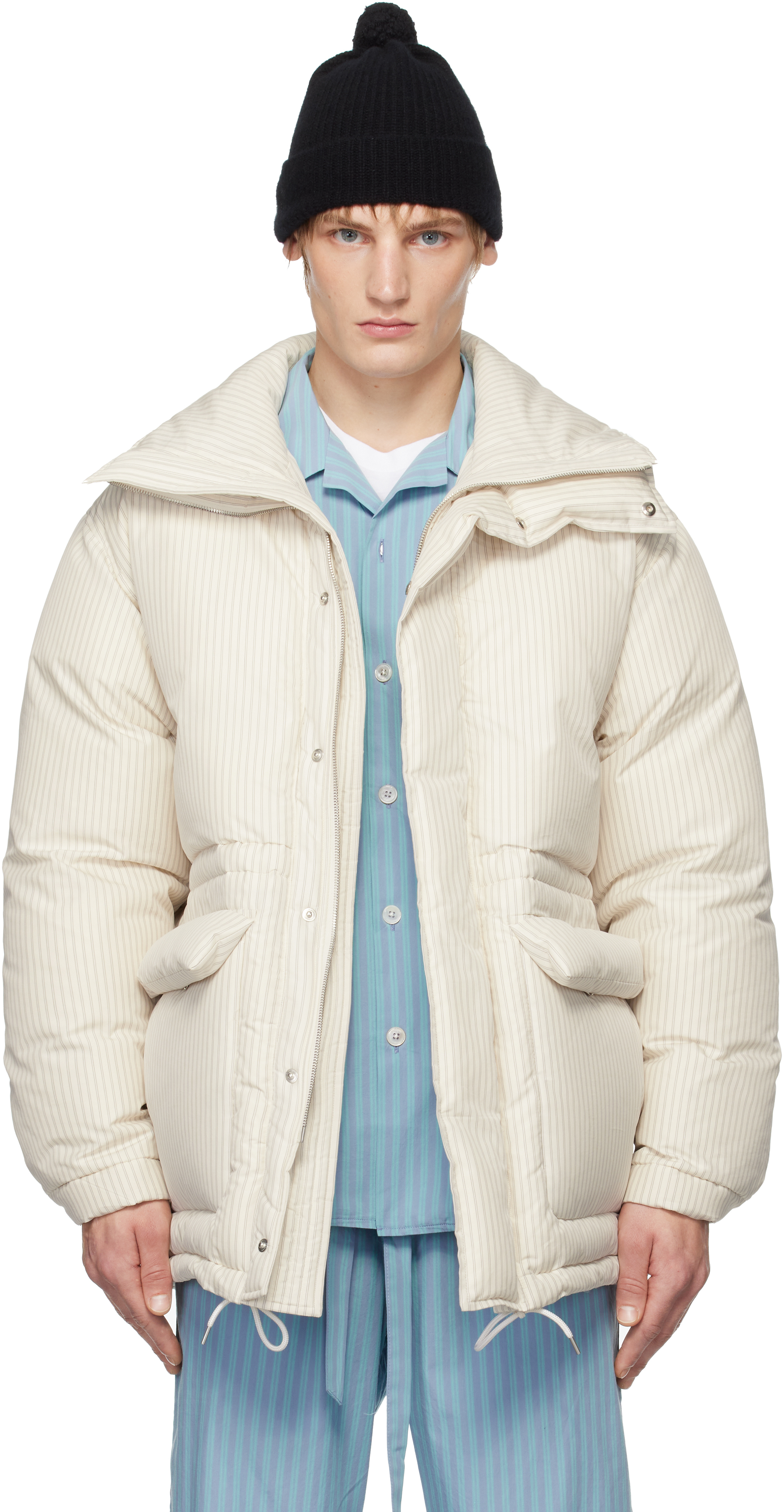 TEKLA SSENSE EXCLUSIVE WHITE AURALEE EDITION STRIPE DOWN JACKET 