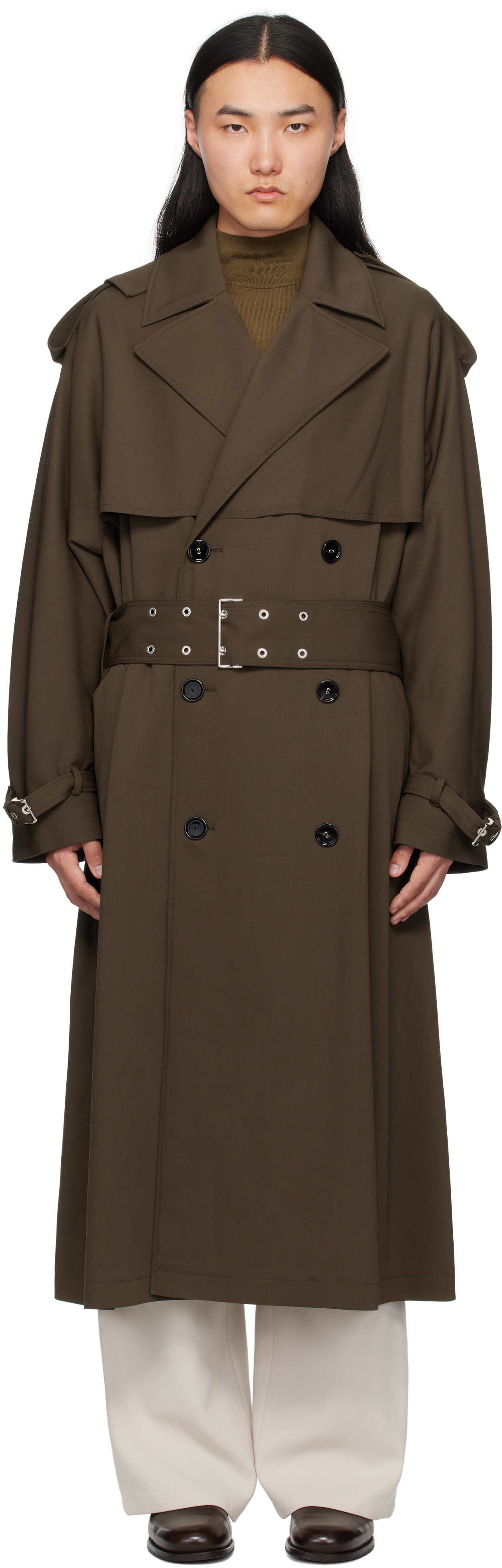 Khaki Wool Trench Coat by AMI Paris on Sale