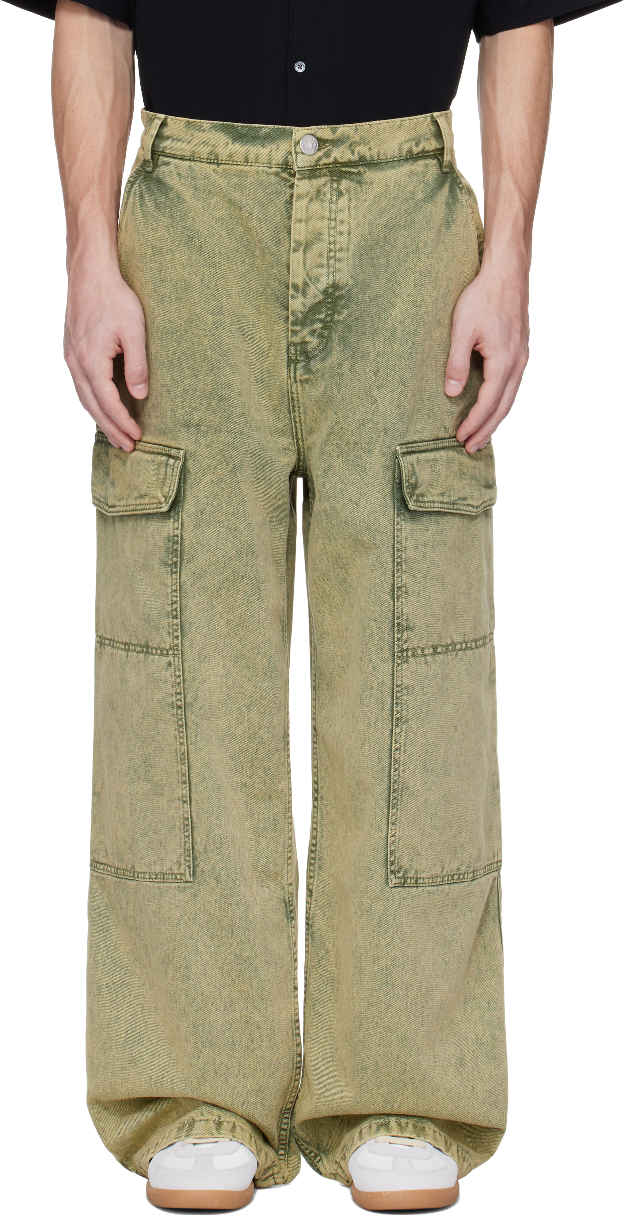 AMI ALEXANDRE MATTIUSSI KHAKI COTTON WIDE FIT DENIM CARGO PANTS 