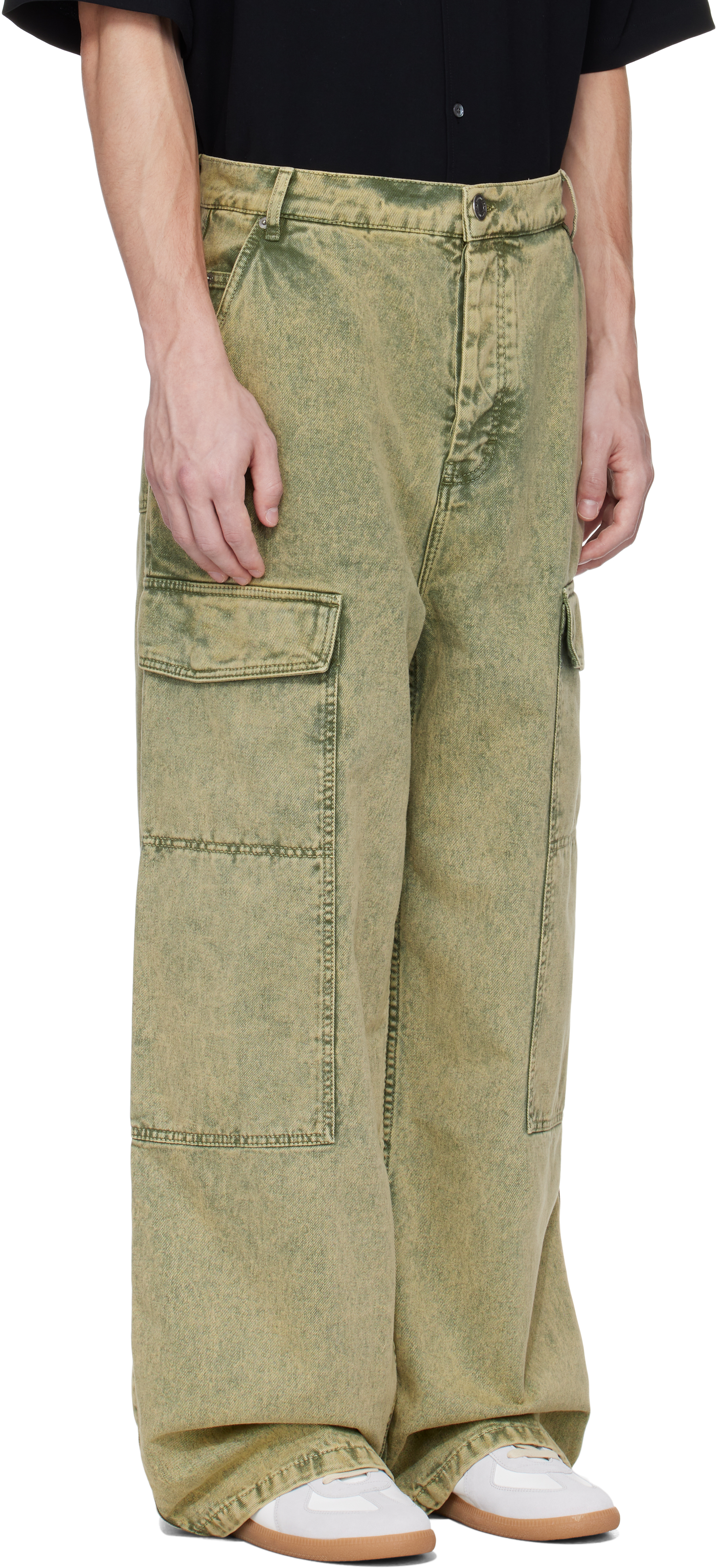 AMI ALEXANDRE MATTIUSSI KHAKI COTTON WIDE FIT DENIM CARGO PANTS 