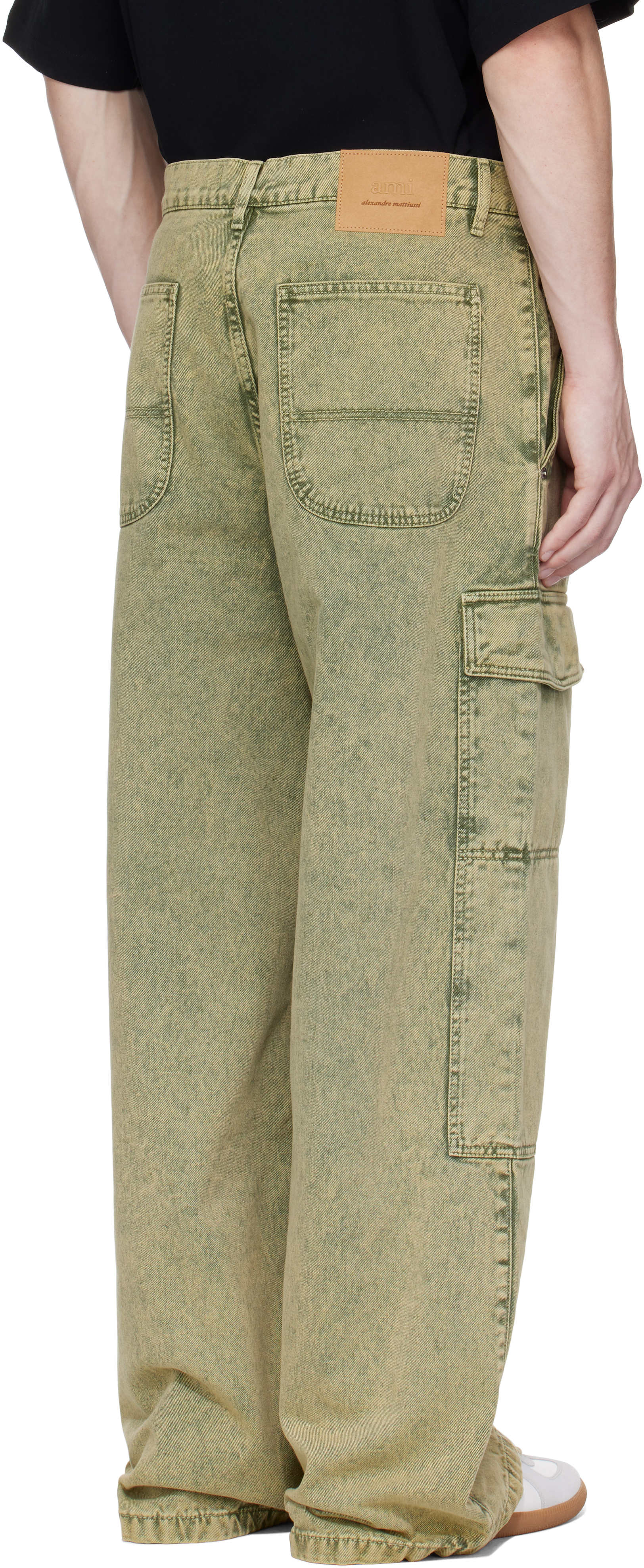 AMI ALEXANDRE MATTIUSSI KHAKI COTTON WIDE FIT DENIM CARGO PANTS 