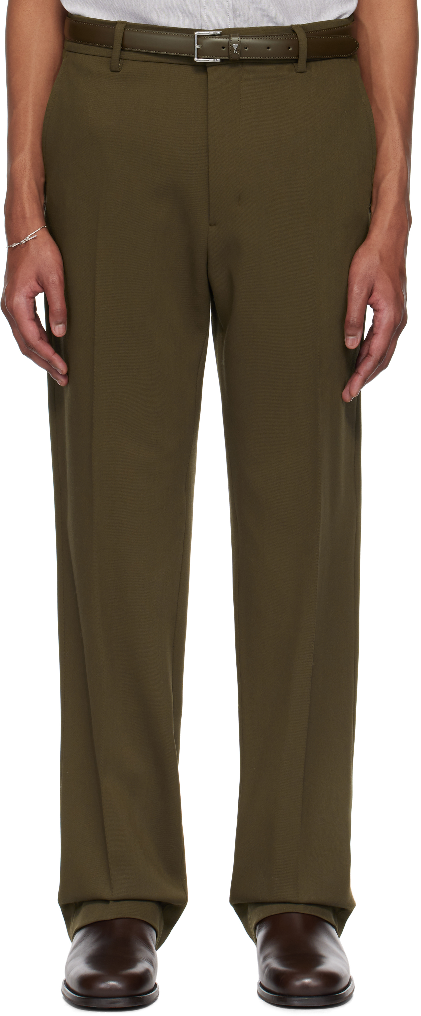 Khaki Wool Straight Fit Trousers