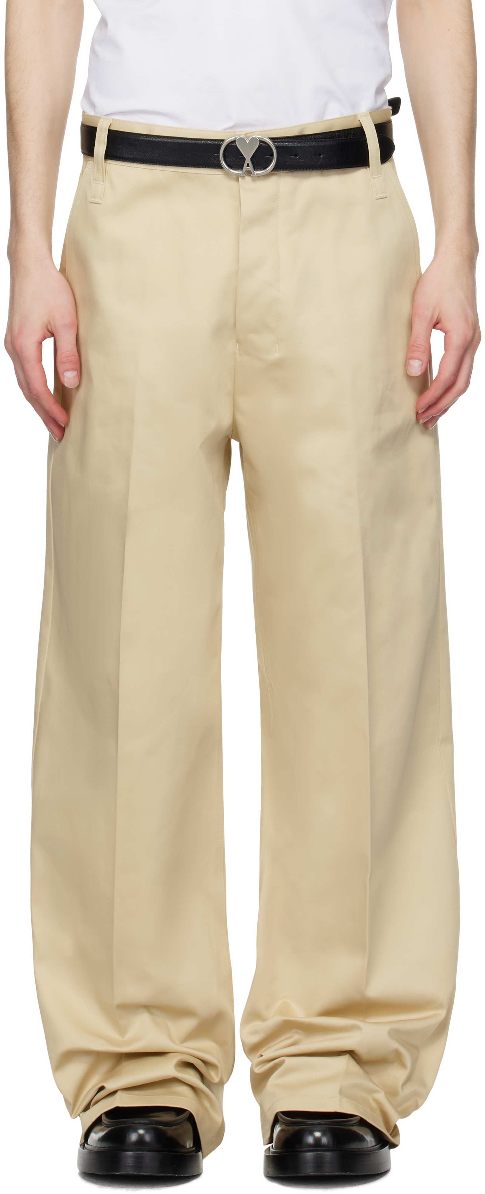 Beige Cotton Baggy Fit Trousers