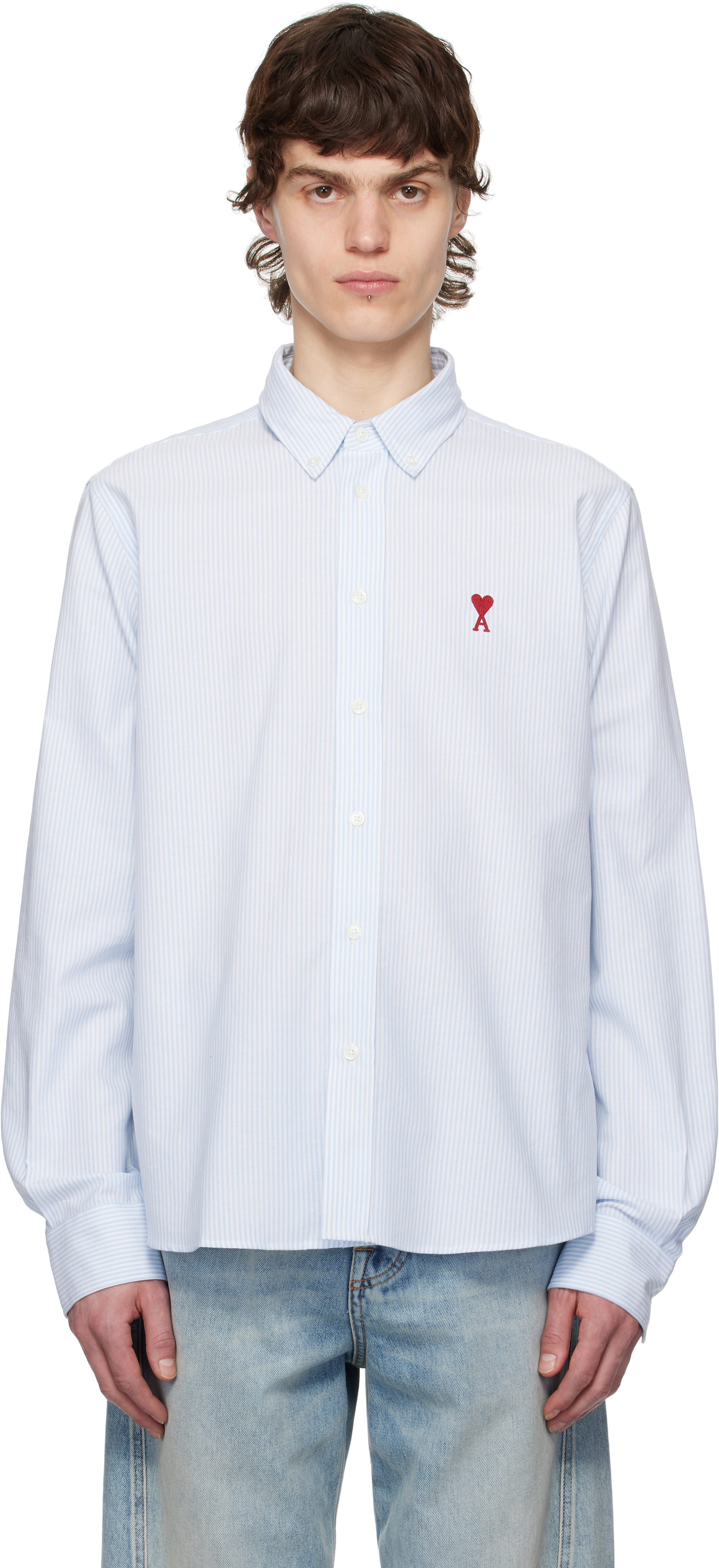 White & Blue Cotton Button-Down Ami de Coeur Shirt by AMI