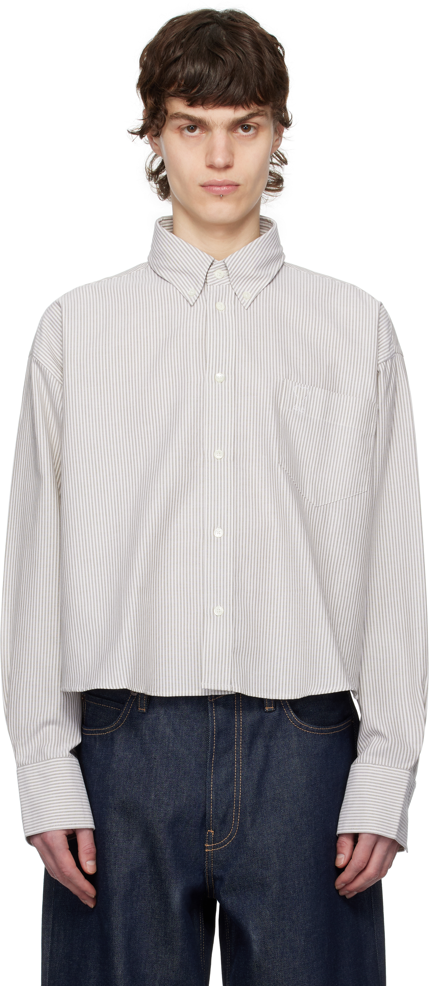 Off-White & Khaki Cotton Cropped Oversized Shirt by AMI Paris on Sale