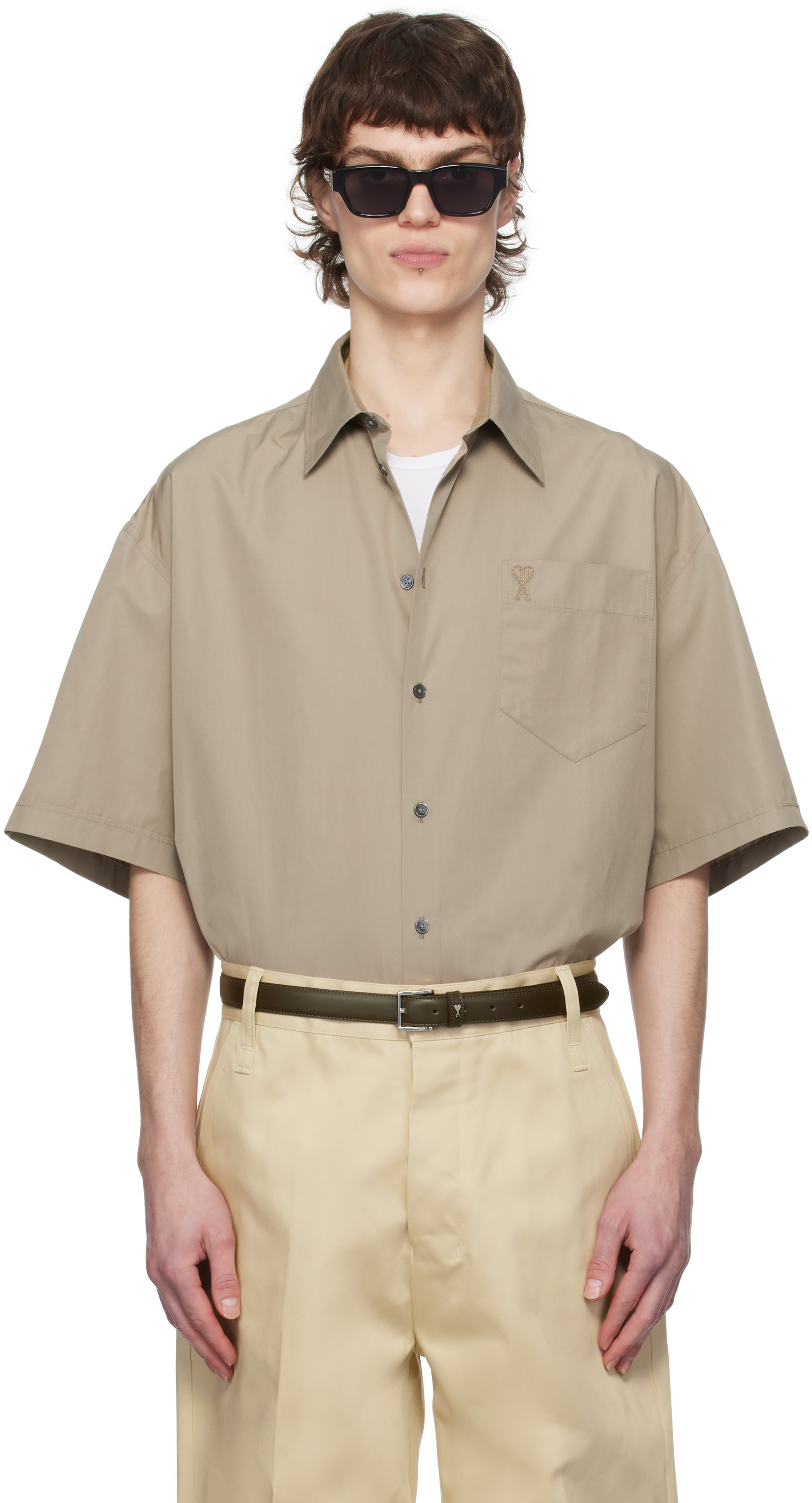 Taupe Cotton Boxy Fit Short Sleeves Shirt