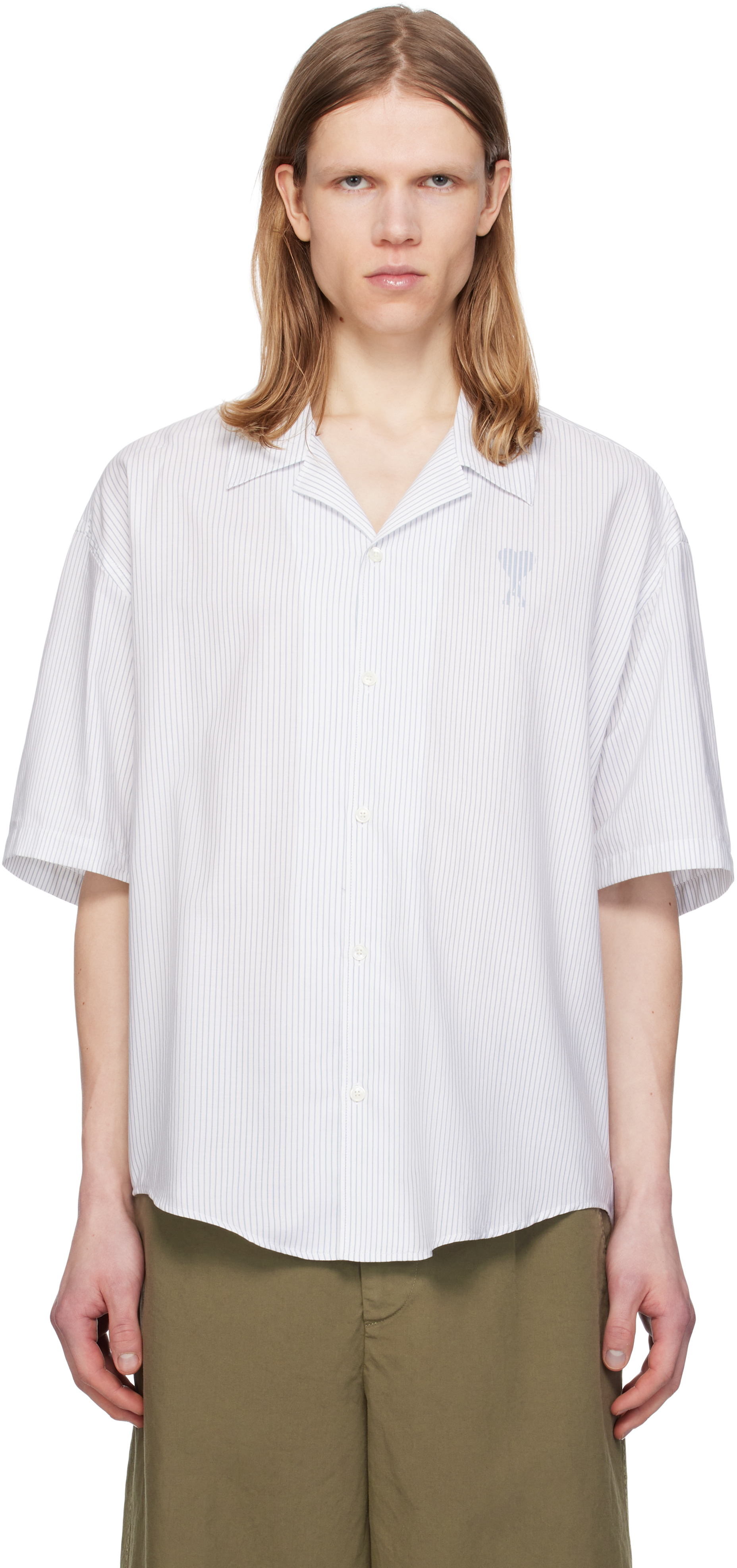 White & Blue Cotton Camp Collar Short Sleeves Shirt