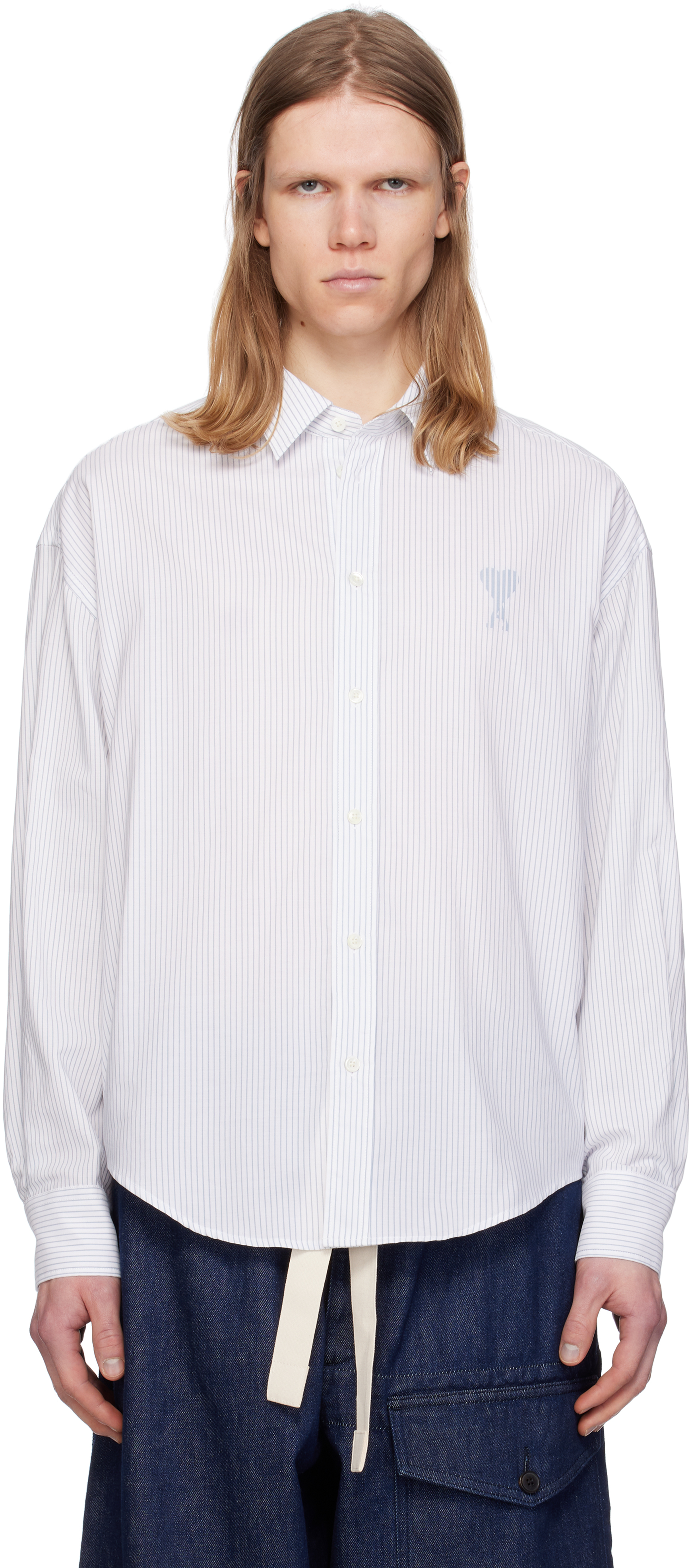 White & Blue Cotton Boxy Fit Shirt