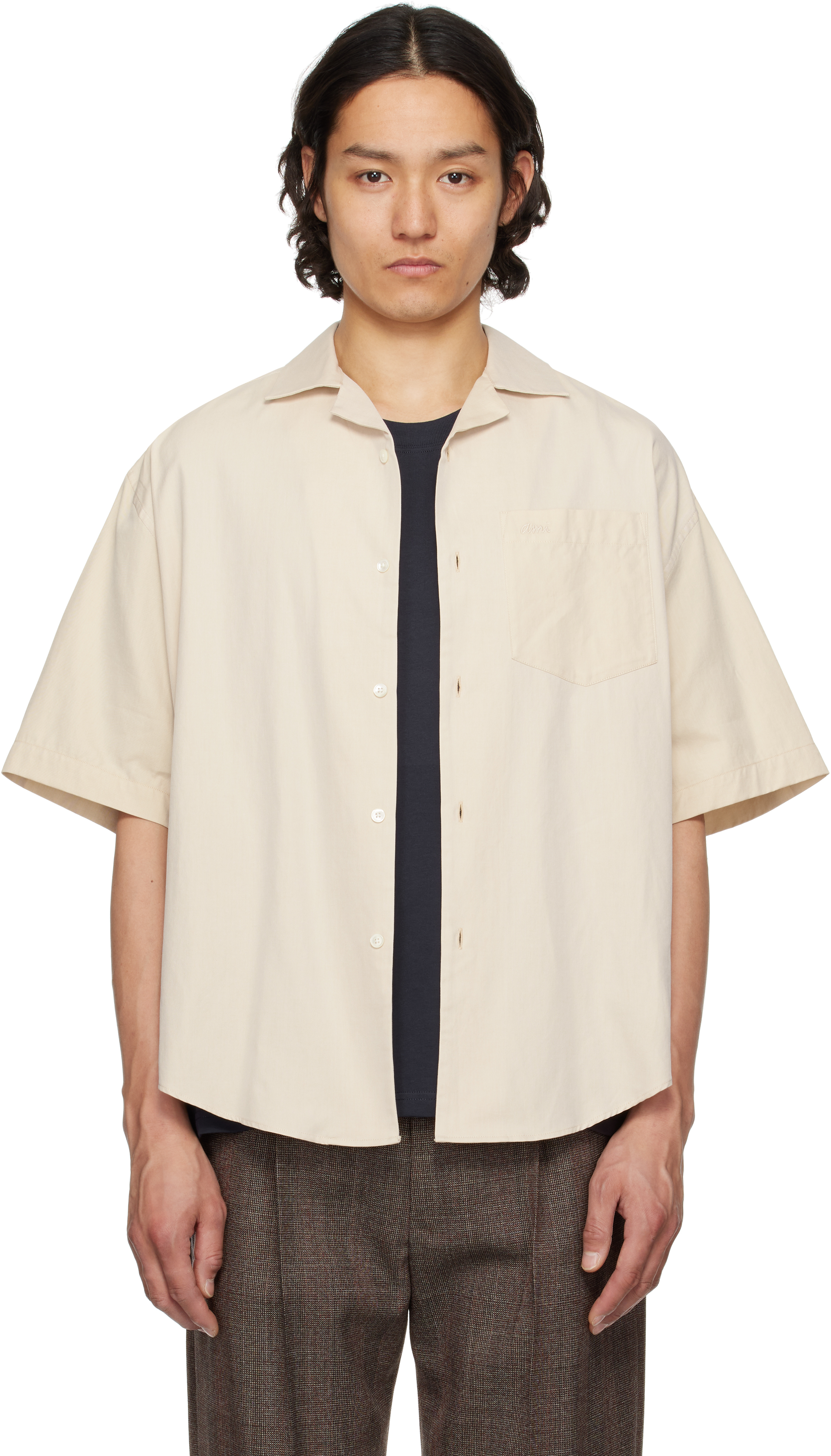 Beige Cotton Short Sleeve Boxy Shirt