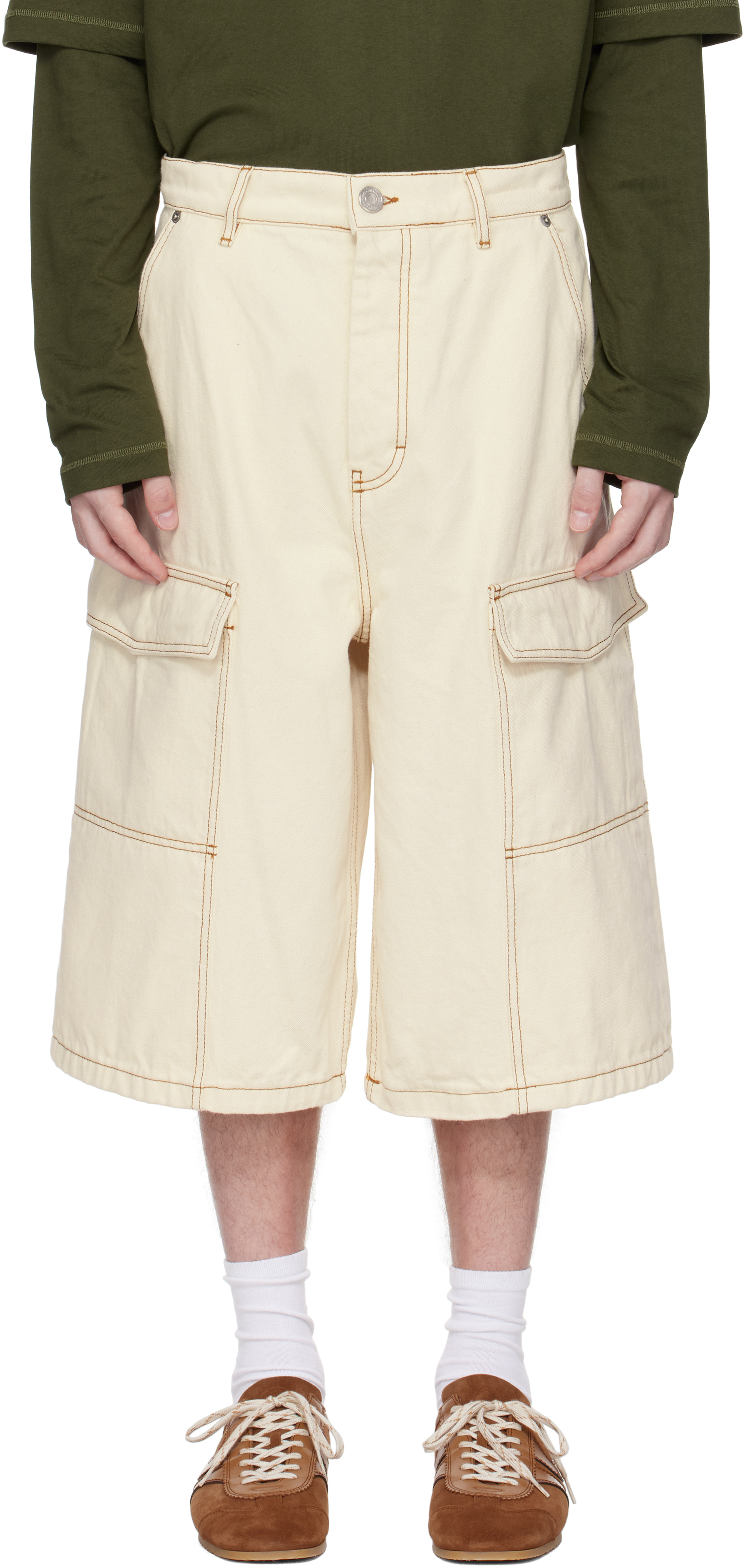 Beige Cotton Wide Fit Bermuda Cargo Shorts