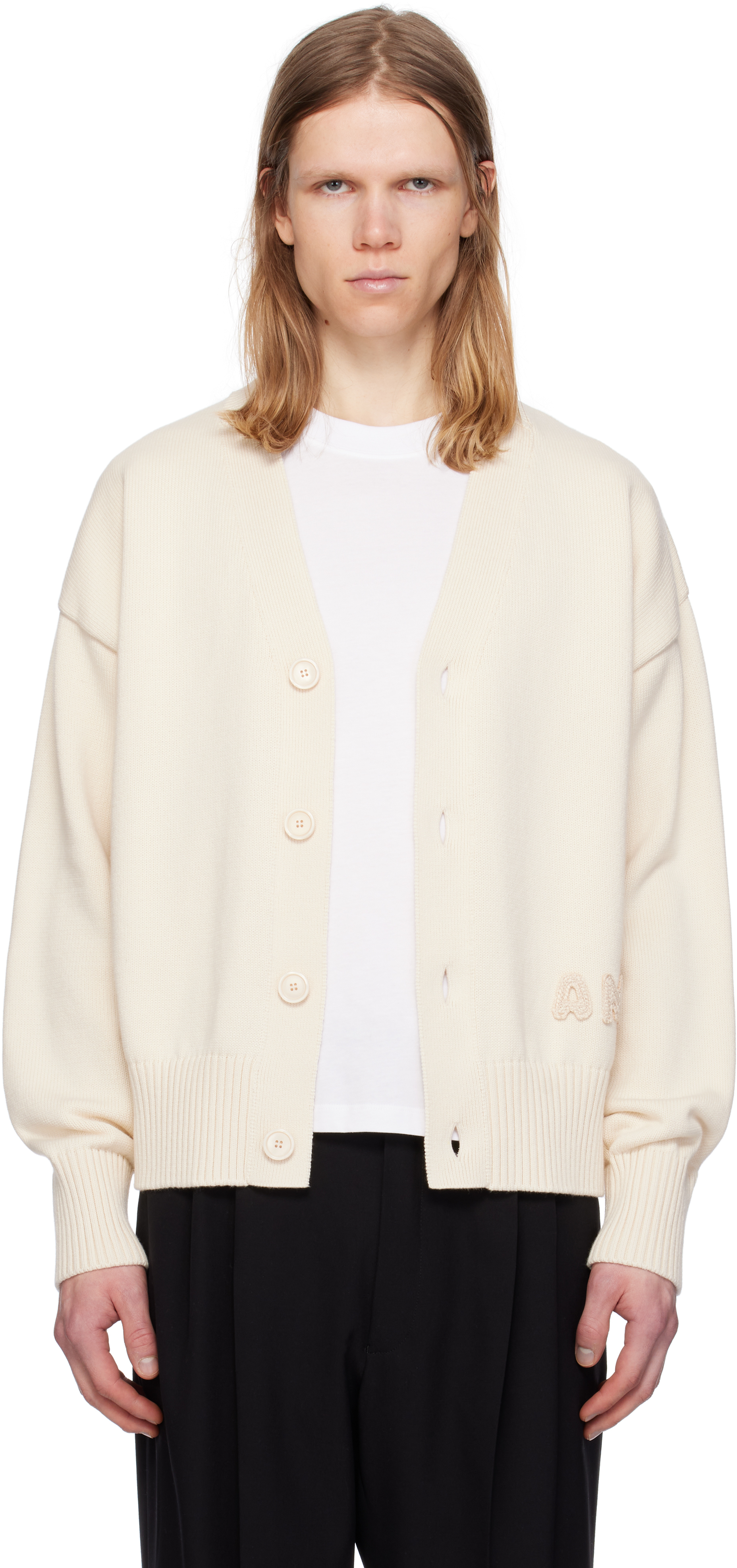 Off-White Cotton Wool 'Ami' Embroidered Cardigan