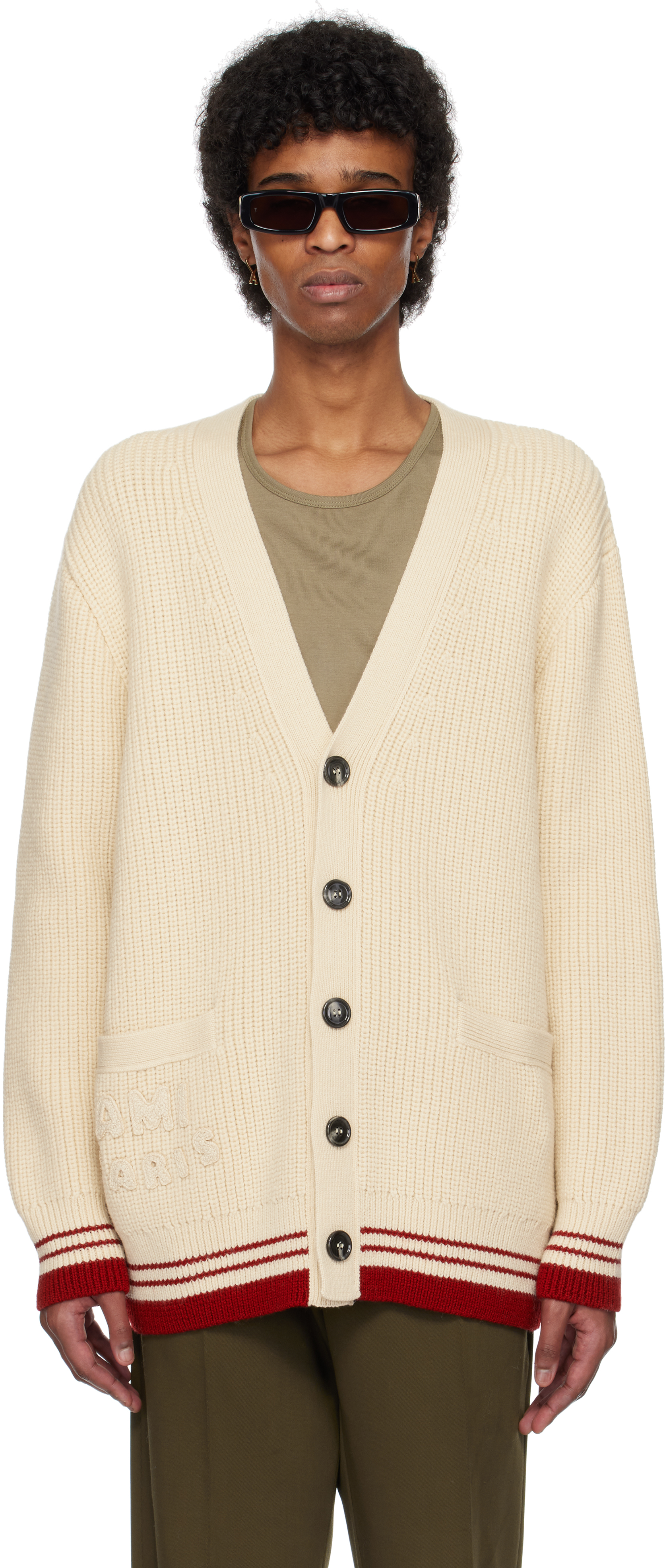 Beige Wool Ribbed Cardigan by AMI Paris on Sale