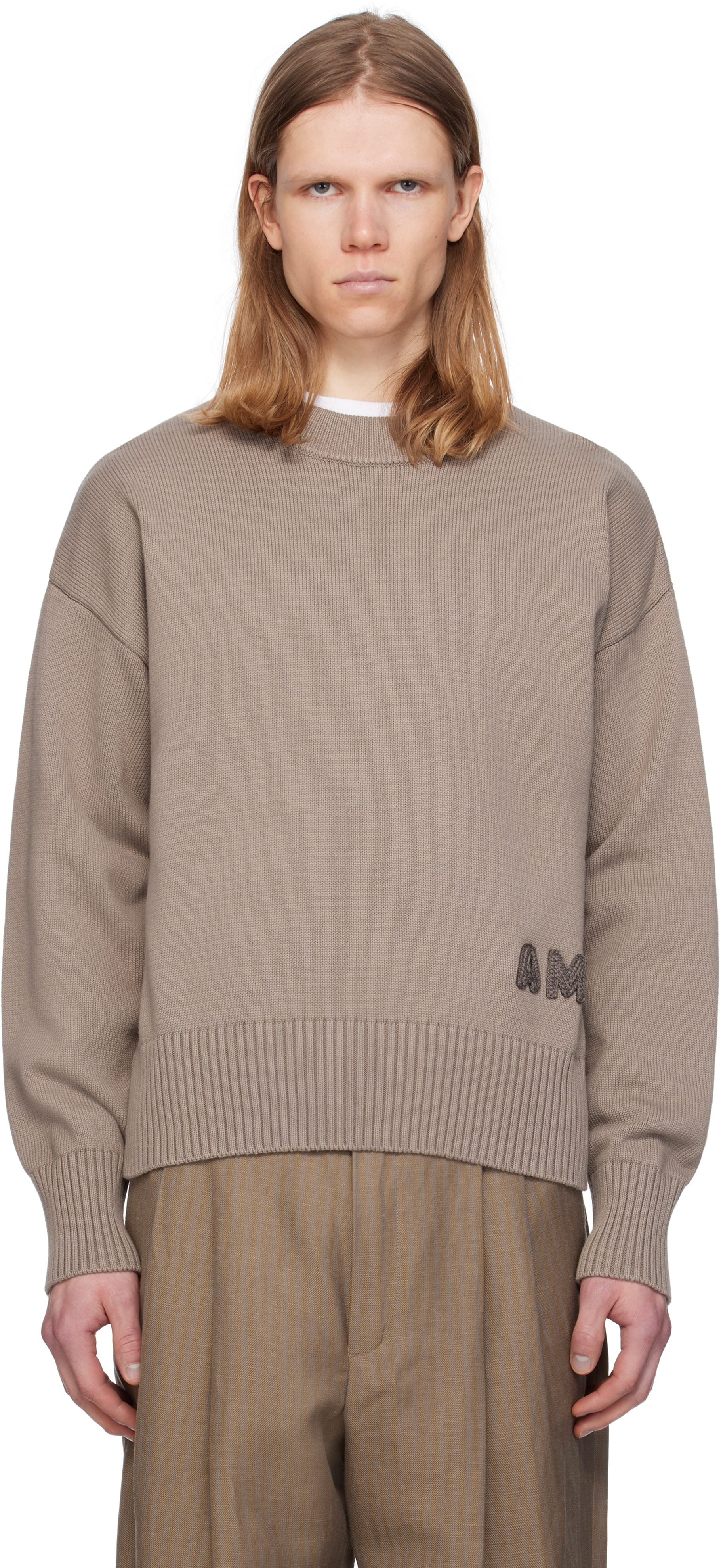 Taupe Cotton 'Ami' Embroidered Crewneck Sweater