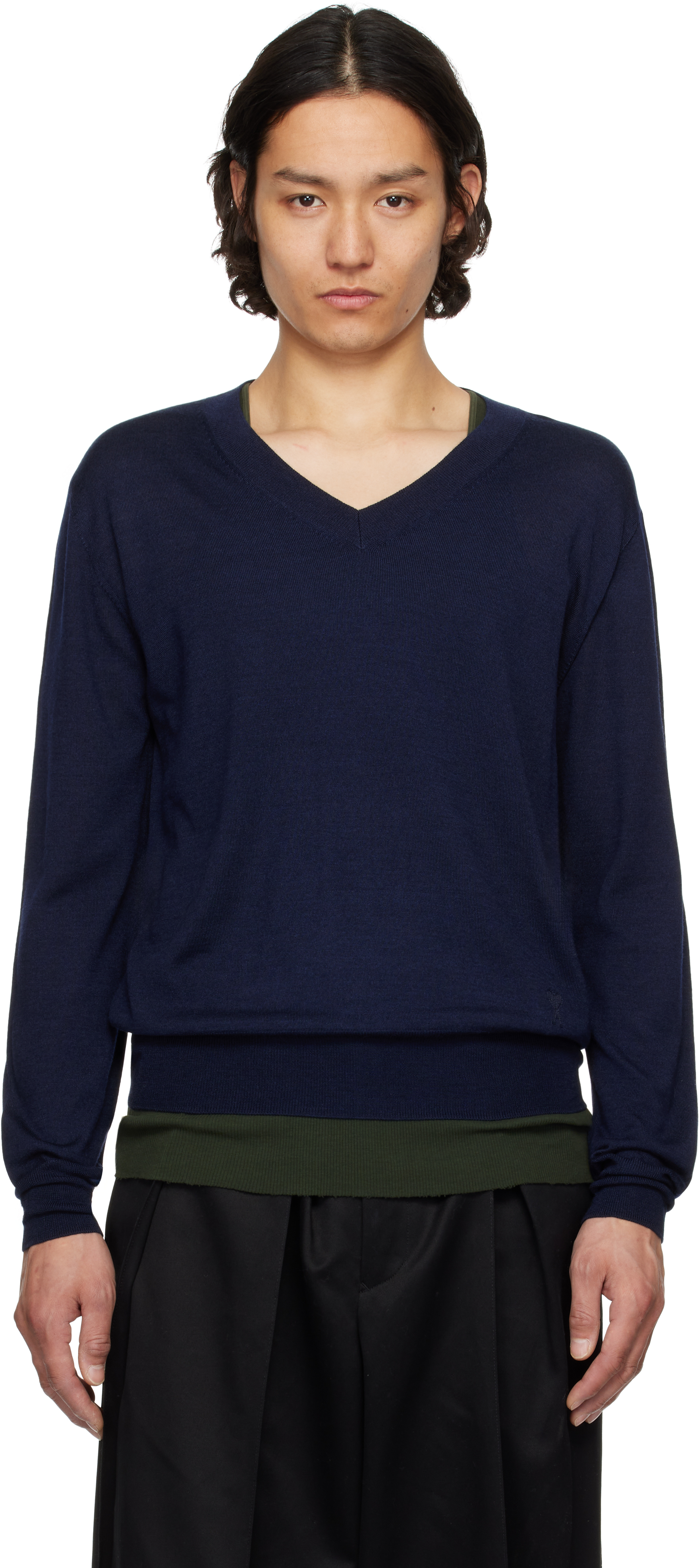 Navy Wool V Neck Sweater