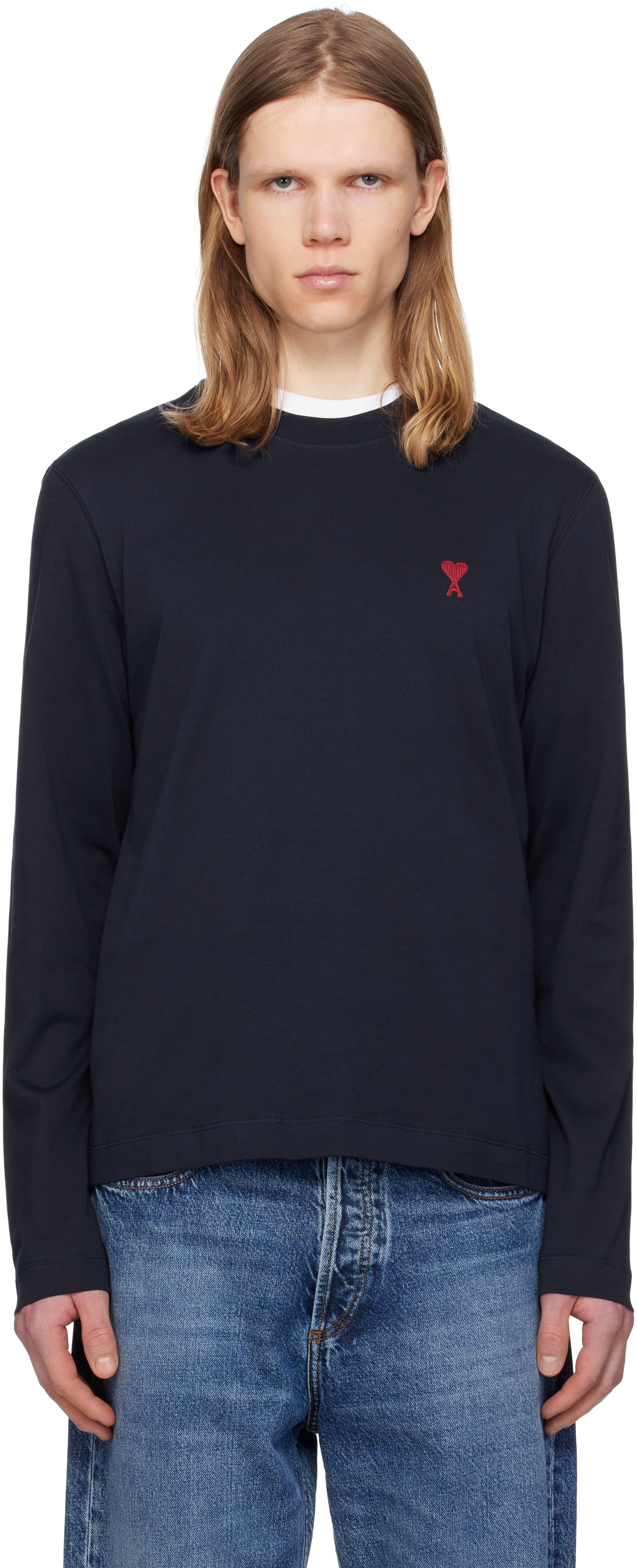 AMI Paris: ネイビー Ami de Coeur コットン 長袖Tシャツ | SSENSE 日本