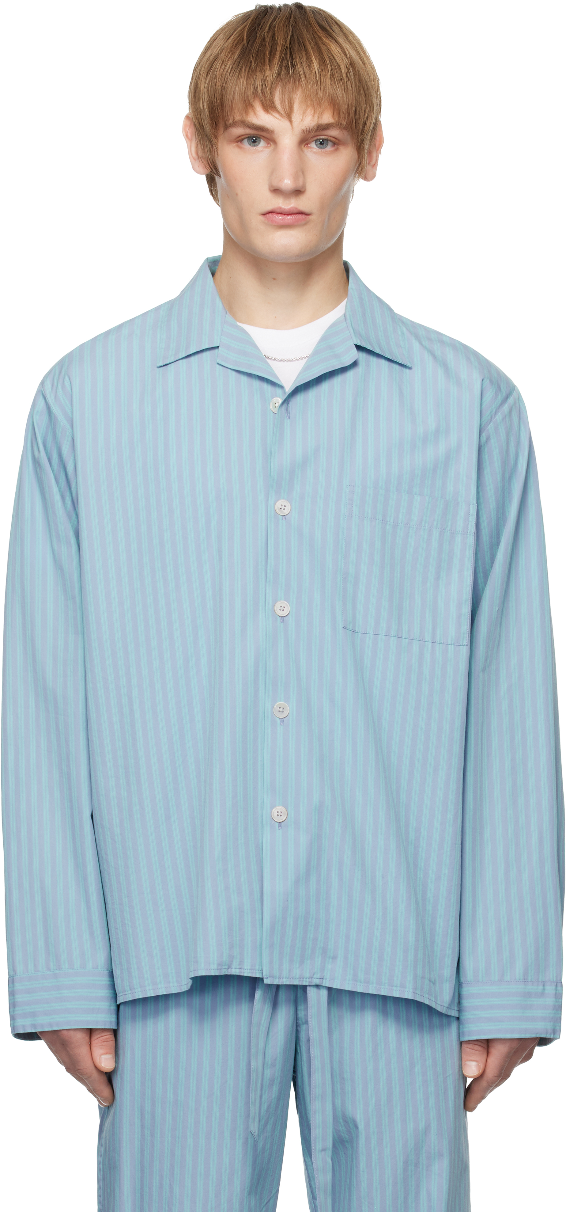 Shop Tekla Ssense Exclusive Blue Auralee Edition Cotton Poplin Pyjama Shirt In Mist Stripes