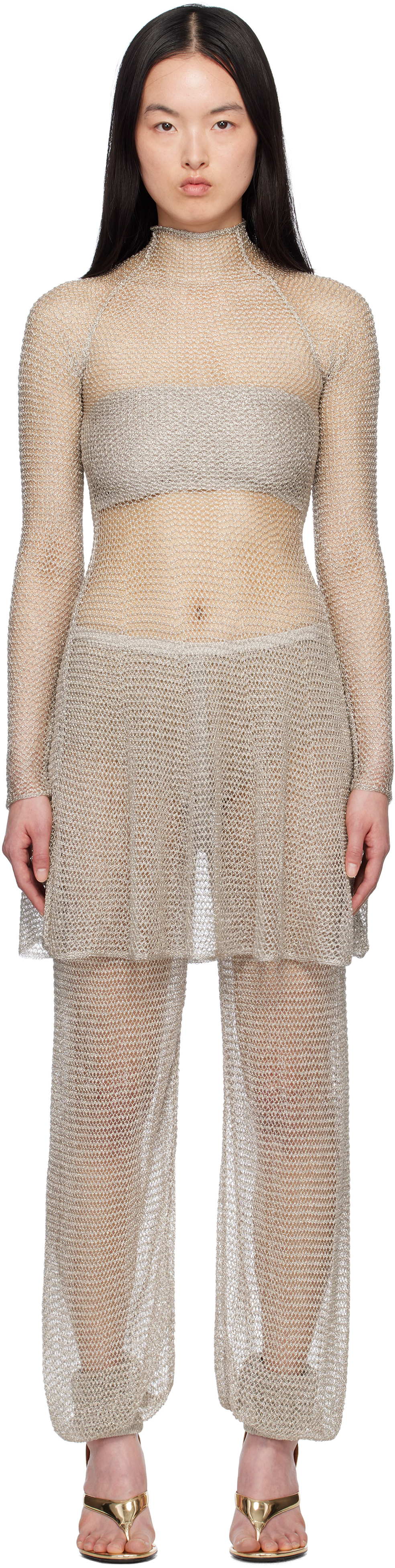 ALAÏA: Silver Mesh Knit Midi Dress | SSENSE