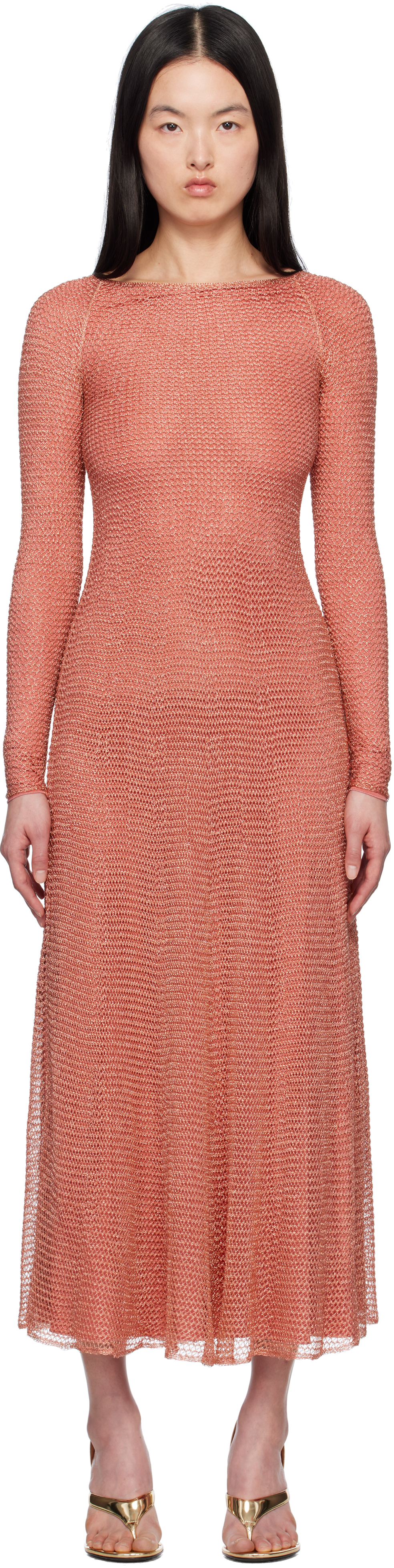 ALAA: Pink Mesh Knit Maxi Dress | SSENSE ALAA: Pink Mesh Knit Maxi Dress | SSENSE