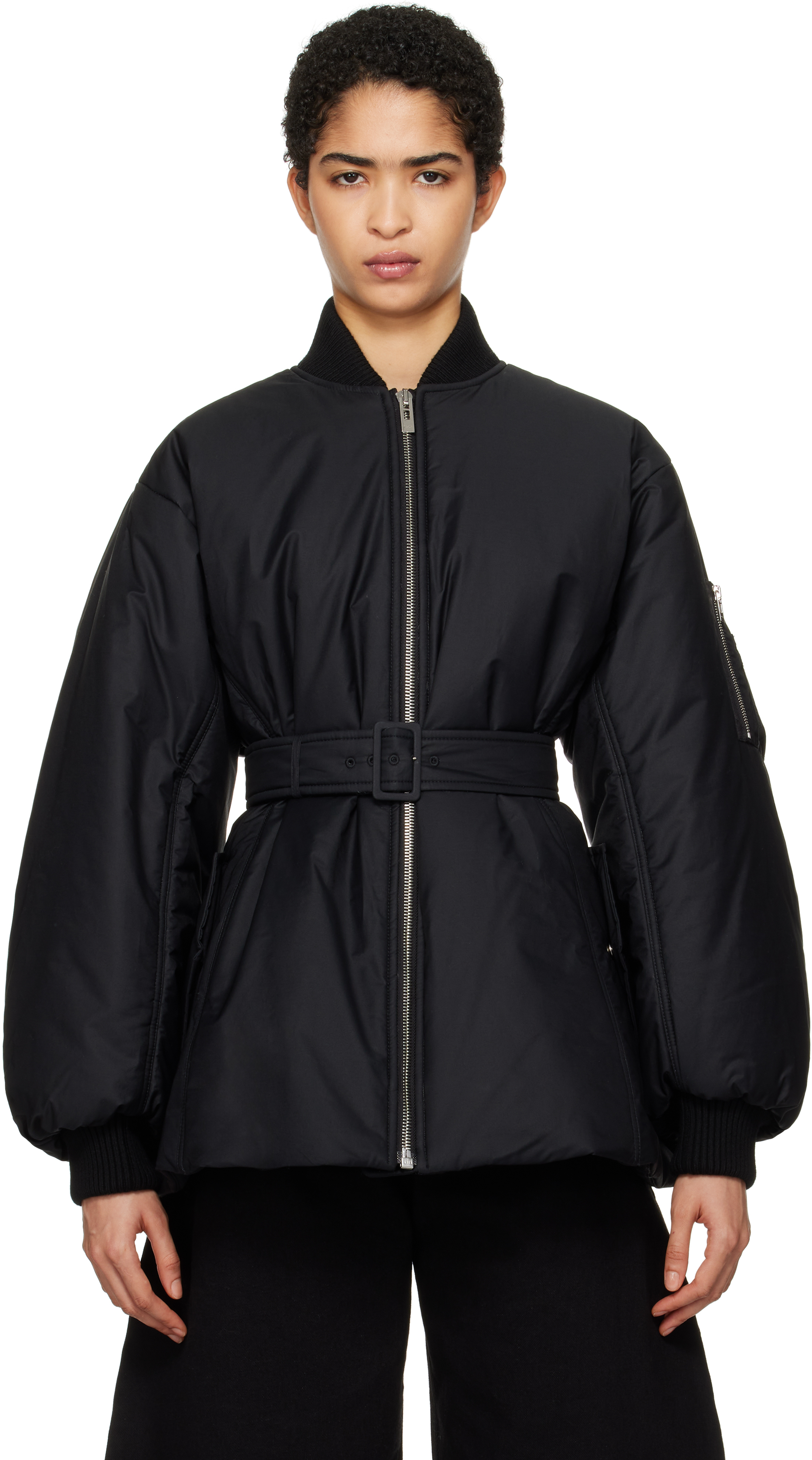 ALAÏA Black Cotton Belted Bomber Jacket