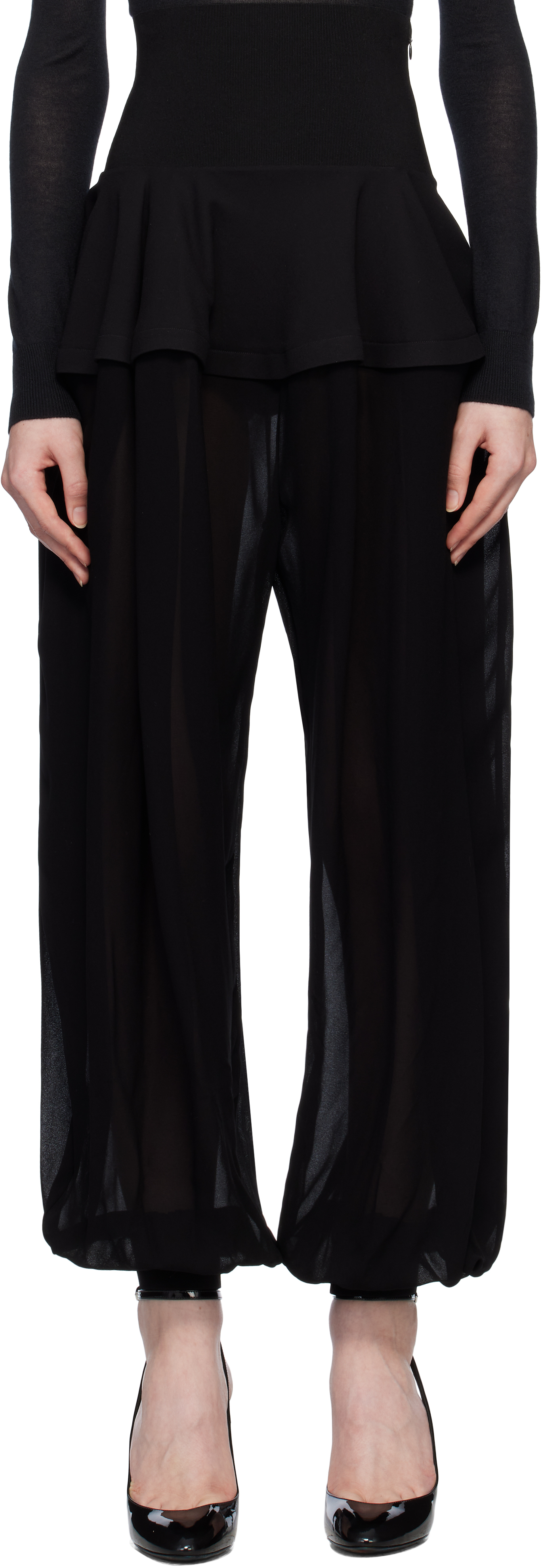 ALAÏA Black Georgette Peplum Trousers