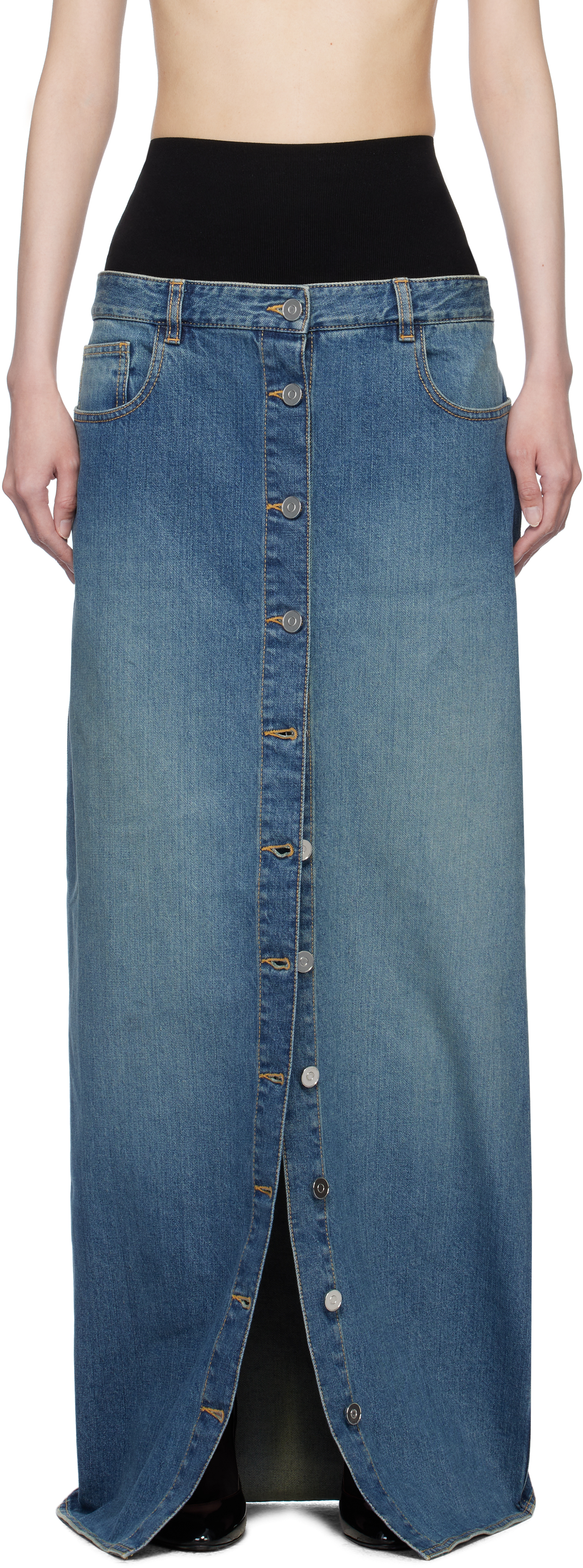 ALAÏA: Blue Knitted Waistband Denim Maxi Skirt | SSENSE